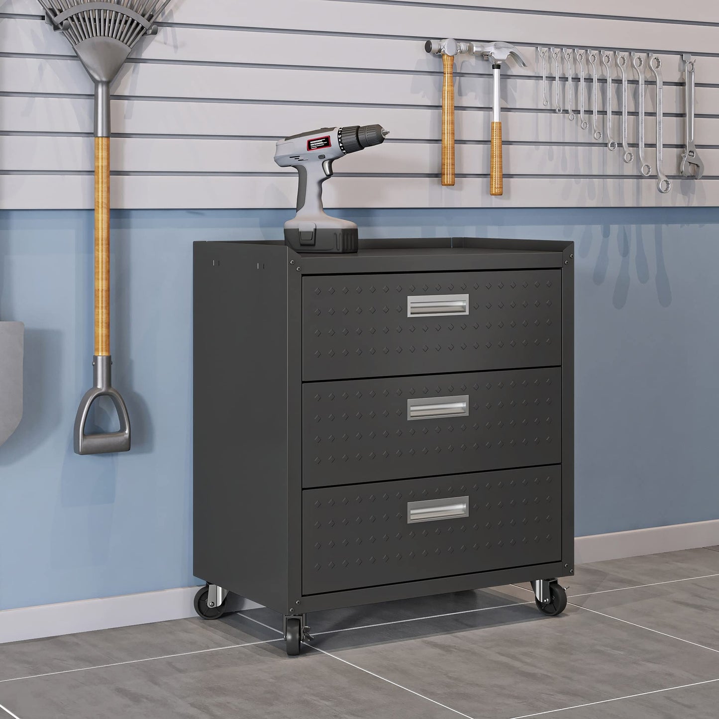 Manhattan Comfort Fortress 31.5-Inch Rolling Garage Tool Chest, 3-Drawer Lockable Mobile Storage Cabinet, Diamond-Textured Steel Utility Organizer with Wheels for Basement, Workshop in Charcoal Grey