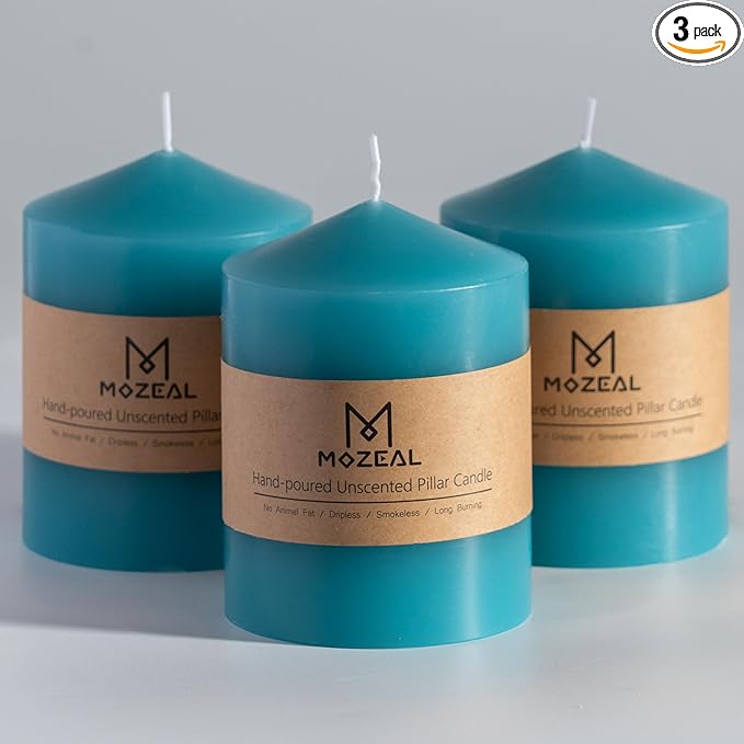 MOZEAL 3" x 4" Hand-Poured Unscented Turquoise Pillar Candles,Dripless Candles Set of 3,Smokeless,Clean Burning,Approx 60 Hours Burn Time,Wedding,Dinner and Home Decorï¼? Inch Width Seriesï¼?Teal