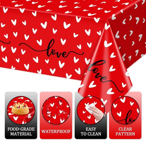 3Pcs Valentine's Day Plastic Tablecloth Love Heart Romantic Rectangular Table Cloths Red White Tablecovers for Valentines Wedding Engagement Anniversary Galentines Mother's Day Party Decorstions
