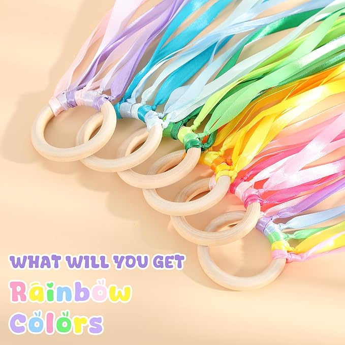 Deekin 12 Pcs Rainbow Ribbon Wooden Waldorf Toys Creative Waldorf Hand Kite Set Streamers with Wood Ring Sensory Learning Educational Toy for Playroom Dancing Birthday(Cute Color)