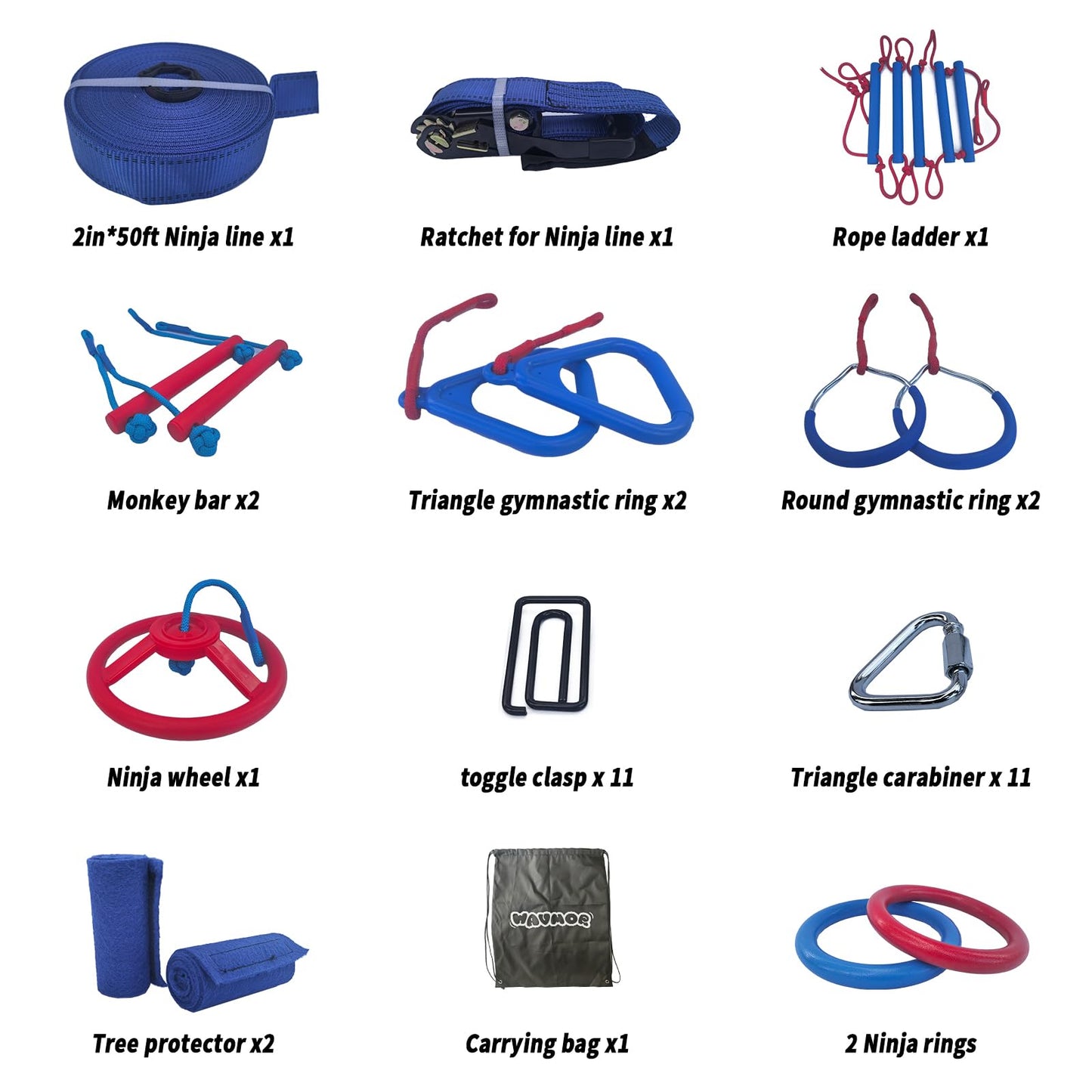 Wavmor Ninja Warrior Obstacle Course for Kids Backyard-1×50ft Slackline Kit with 10 Most Complete Accessories for Boys & Girls, Rope Ladder, Gymnastic Ring, Arm Trainer and Monkey Fist