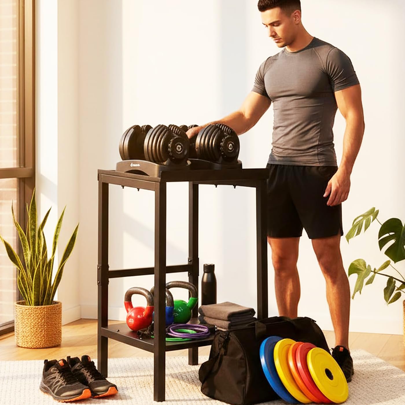 Commercial Heavy Duty Adjustable Dumbbell Stand & Kettlebell Stand, Adjustable Dumbbell Weight Rack, Kettlebell Storage Rack, Weight Rack for Garage/Home Gym/Commercial with Non-Slip Base, Anti-Tip Safety & Space-Saving Design, Weight Capacity 500/600/800