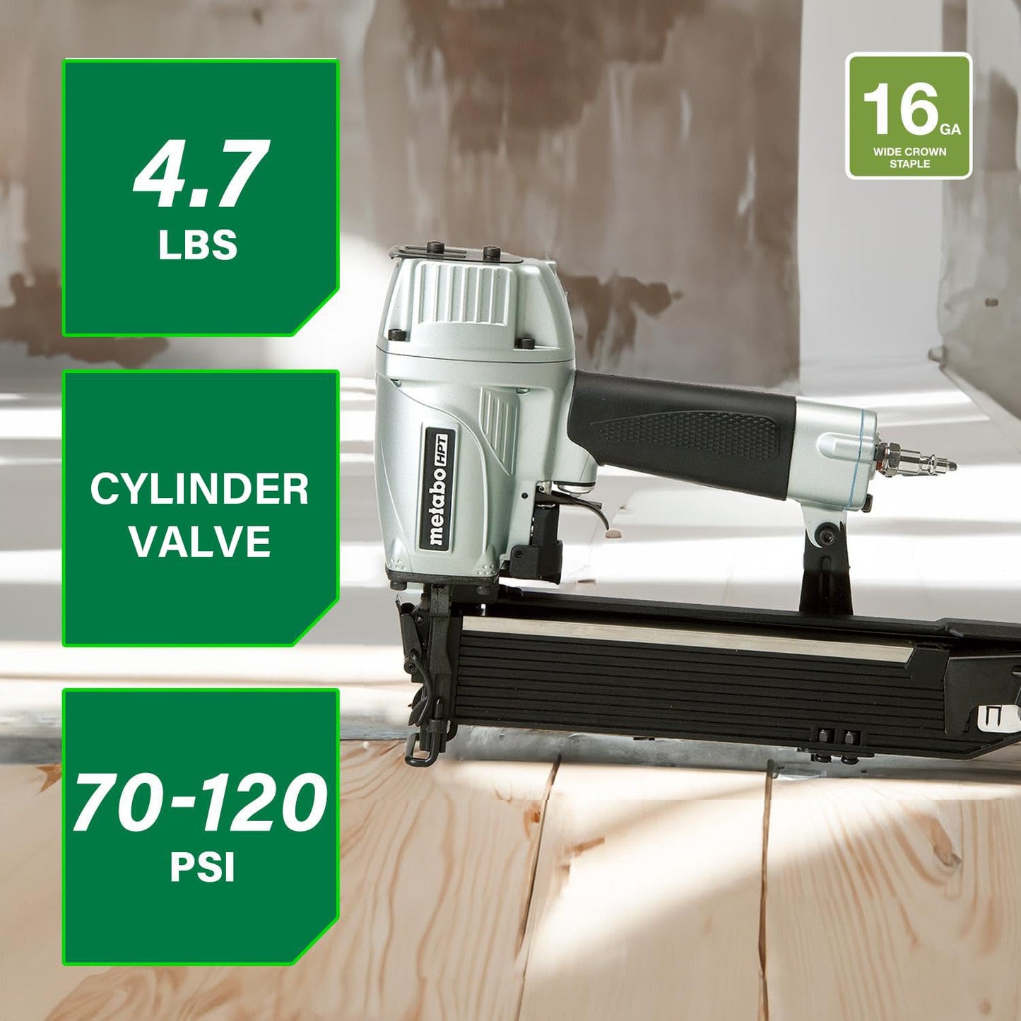 Metabo HPT 15/16 Inch Wide Crown Stapler, Pro-preferred Pneumatic Power Nailers, Fastening Tool for Wire Lathing, Housewrap, Roofing & Insulation, 16 Gauge, 5/8"to 2" Crown Staples, N5021A