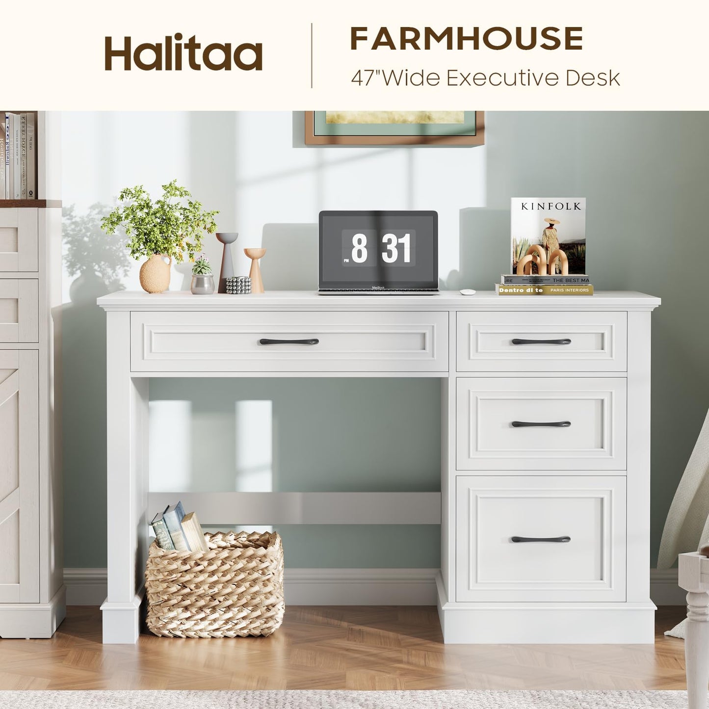 Halitaa Farmhouse 47" Executive Desk with File Drawer, Computer Desk with 4 Drawers, Workstation for Writing, Study, Home Office, Cream White.