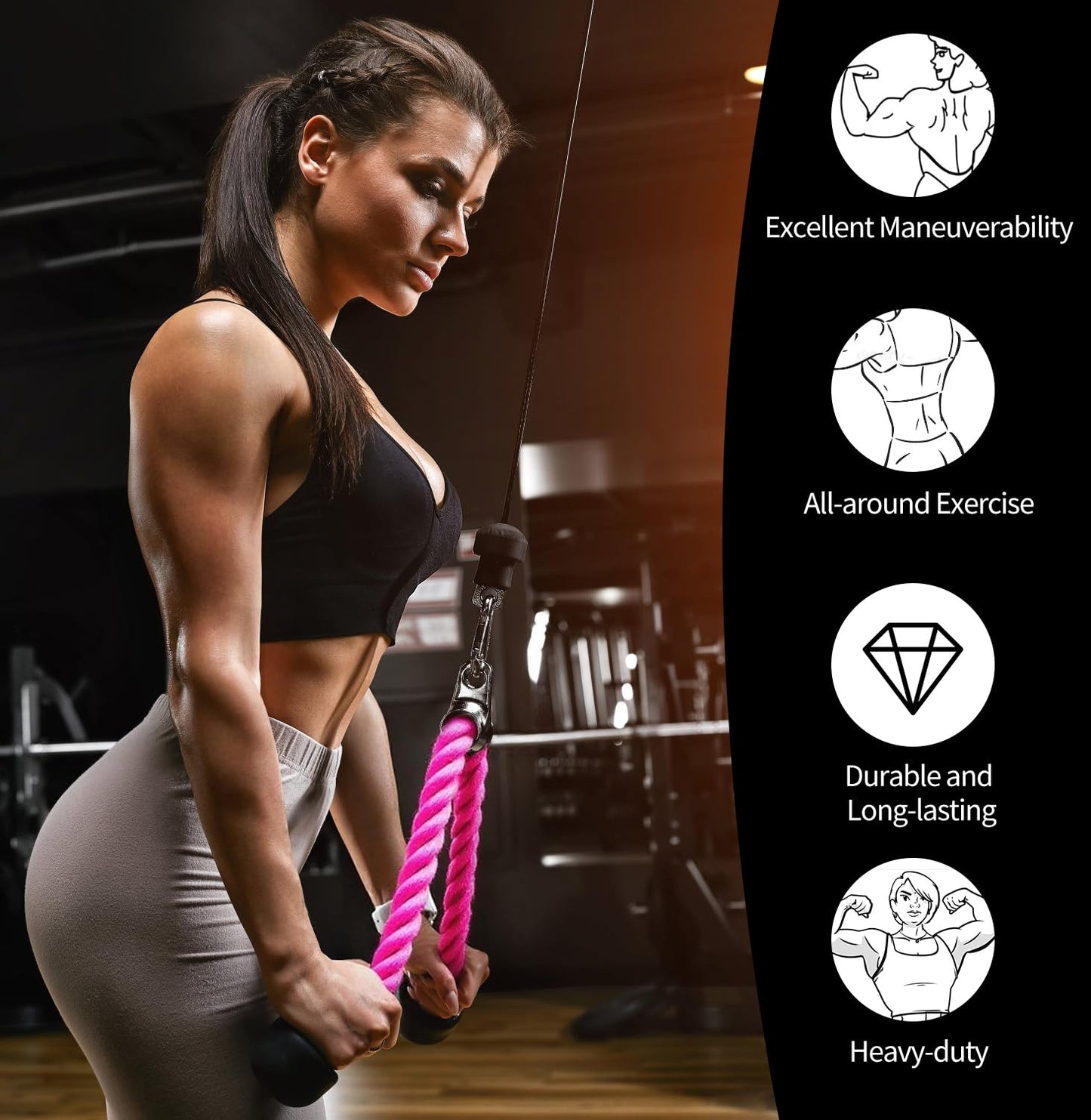 DkOvn Tricep Rope, 27 Inches Cable Machine Attachment, Pull Down Attachments with Carabiner, for Gym Home Workout Exercise
