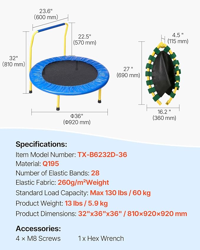 VEVOR 3FT Trampoline 36" Indoor/Outdoor for Toddlers, Foldable Mini Baby With Foam Handle, Recreational Birthday Gift