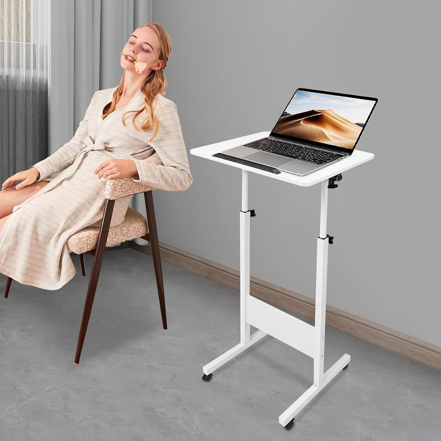 Cbhfmljd Adjustable Laptop Desk, Portable Podium Stand with Wheels Height Adjustable Presentation Mobile Standing Desk