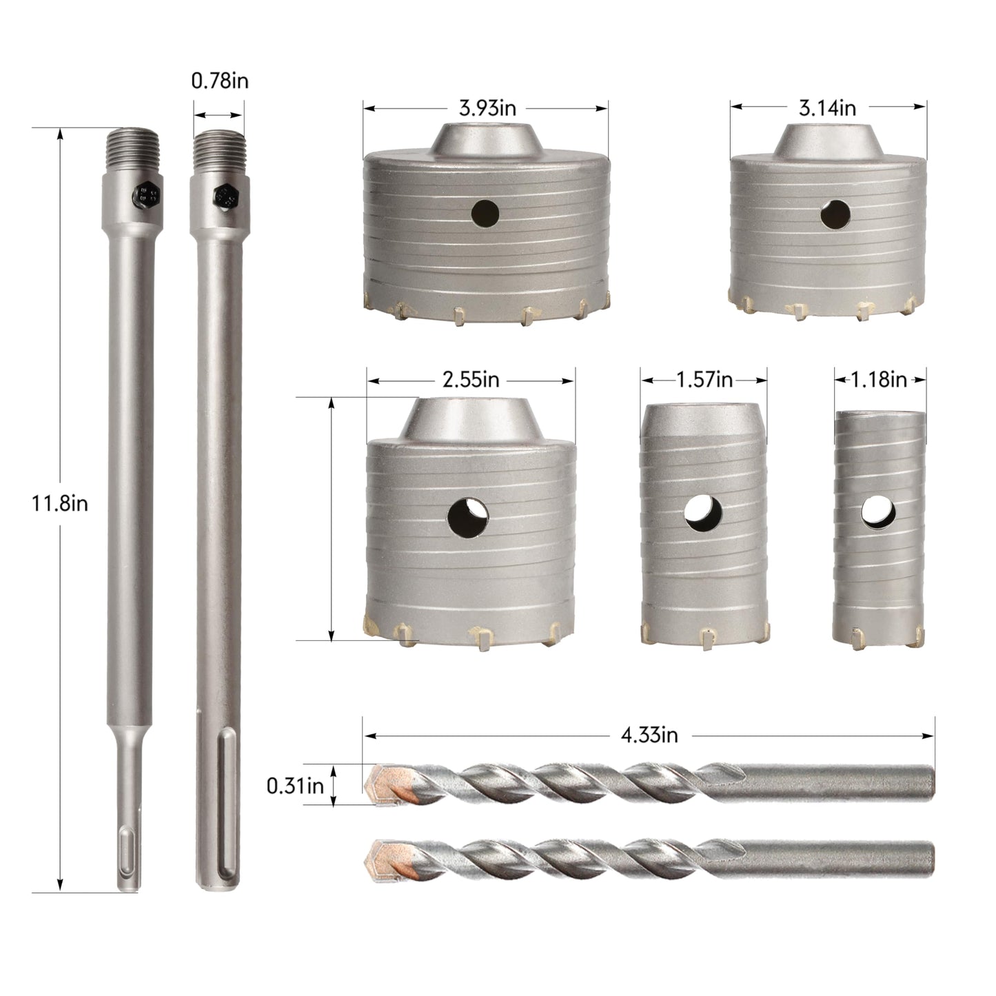 9Pcs Masonry Concrete Hole Saw Kit (30 40 65 80 100 mm), 300 mm Tungsten Carbide SDS Plus and SDS Max Bit Shank, Hole Saw Set for Concrete Brick Cement Tile