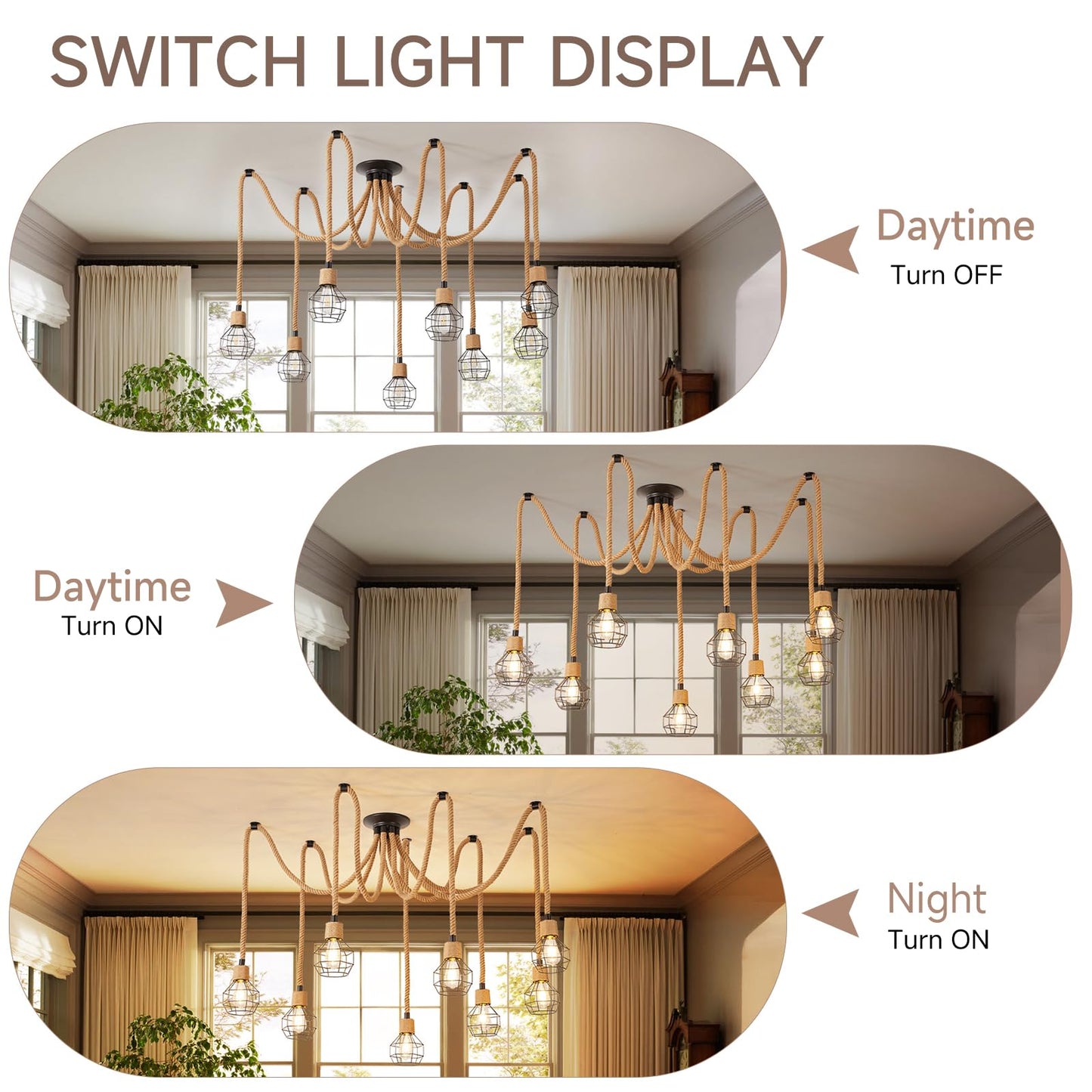 Hodevimall Spider Chandeliers, 8 Arms Industrial Spider Ceiling Light Fixture Hanging Hemp Rope DIY Adjustable 8-Light Steampunk Chandelier for Kitchen Island, Living Room, Entryway, Dining Room, Bar