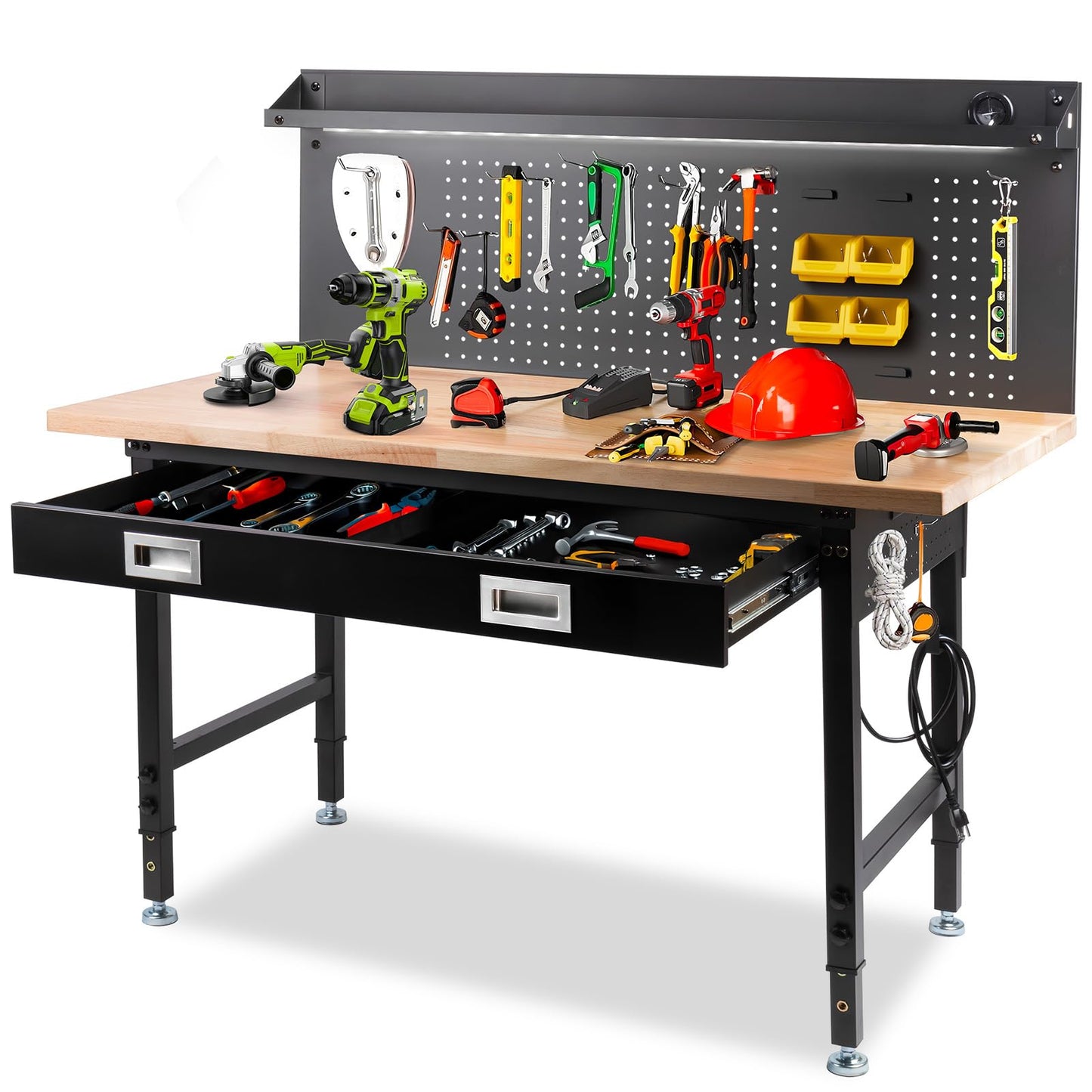 MUWOOD 60" Workbench with Drawers, Work Benches for Garage with Strip Light, Adjustable Work Table with Large Pegboard, 2000 LBS Heavy Duty Table with Power Outlet Rubber Wood for Garage, Office
