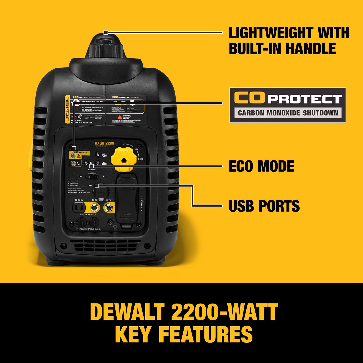 DeWalt 2,500 Starting Watt Portable Inverter Generator, Gas Powered, CO Protect Carbon Monoxide Detection, 8 Hour Runtime, Quiet Operation, Home Backup RV Camping Jobsite, 49 State