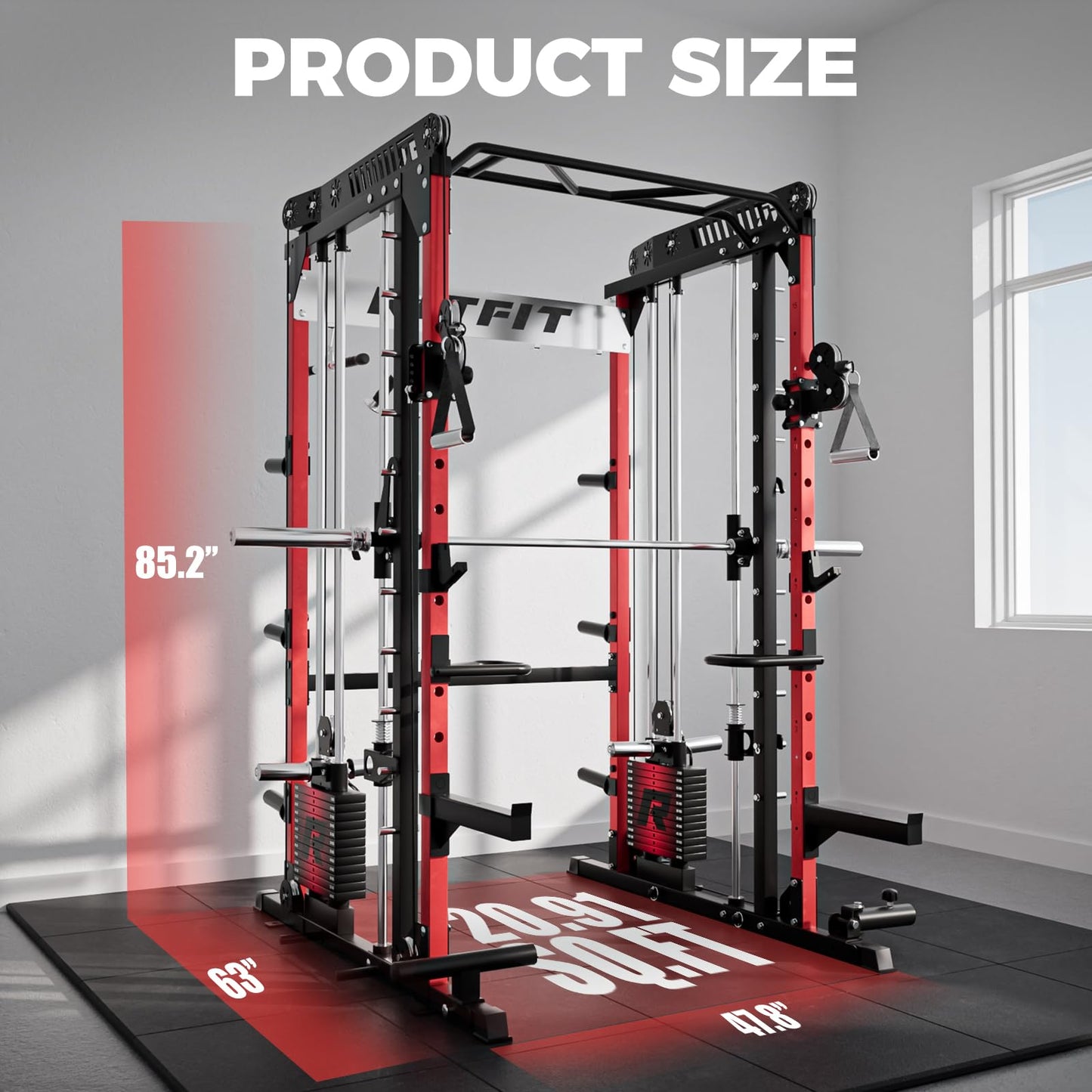 RitFit M1 Pro Smith Machine with LAM1 Adjustable Lever Arm Attachment, All-in-One Power Cage, Power Rack with LAT Pulldown & Cable Crossover System for Home Gym(Red with Weight Stack,CP230)