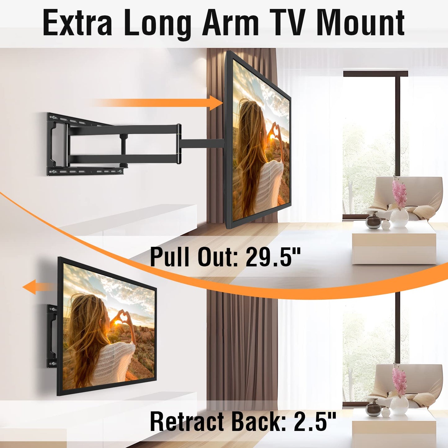 ELIVED Long Arm TV Mount for Most 37-75 Inch tv, Full Motion Wall Bracket with 29.5 inch Long Extension Articulating TV Wall Mount, Max VESA 600x400mm, Holds up to 88lbs, fits Wood Studs 12"-24".