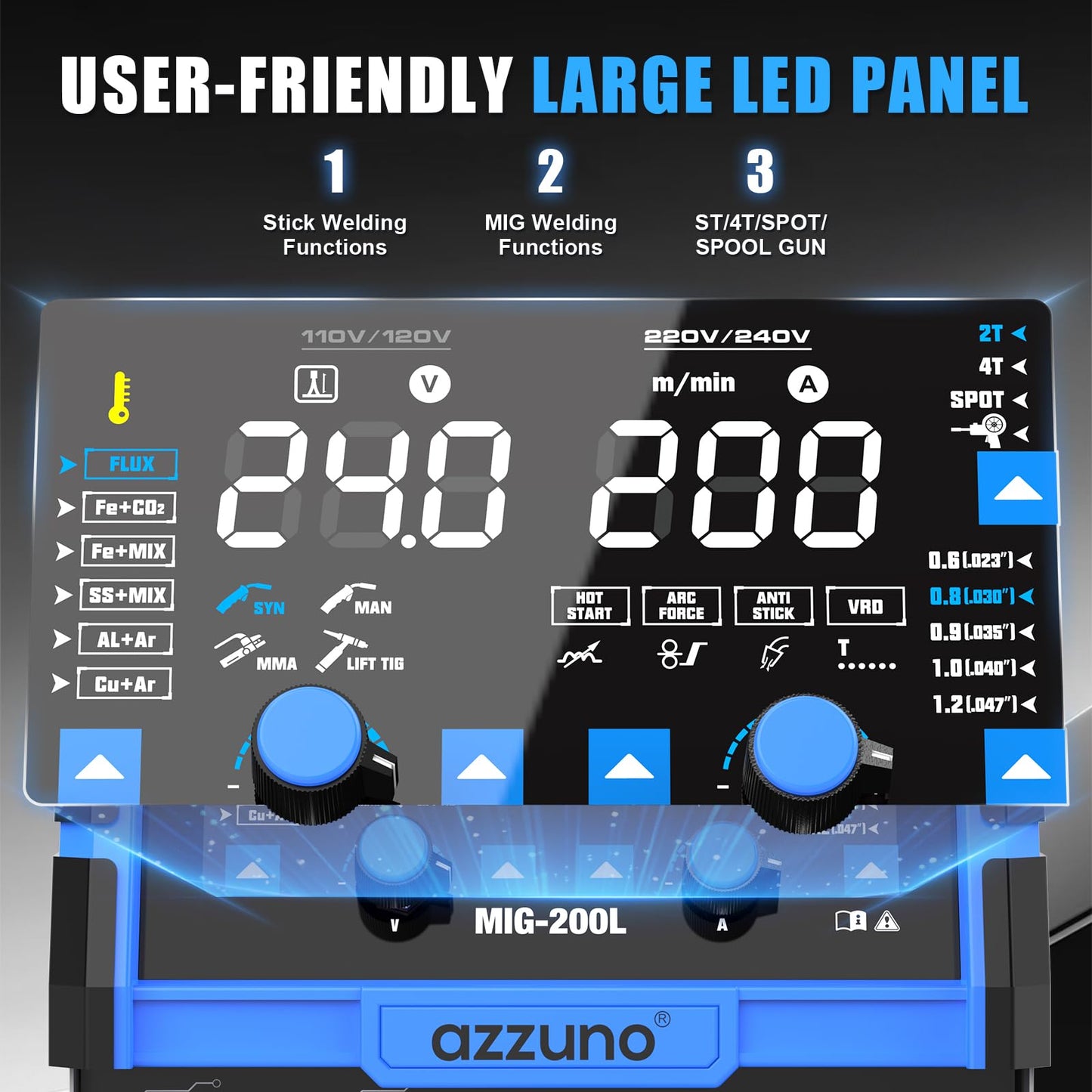 AZZUNO Aluminum MIG Welder 200A+Spool Gun, 110V/220V 8 in 1 Multi-process Welder Machine Aluminum MIG/Gas MAG/Gasless Flux Core MIG/Gas MIG/Spot MIG/Spool Gun Compatible/Lift TIG/Stick Welding