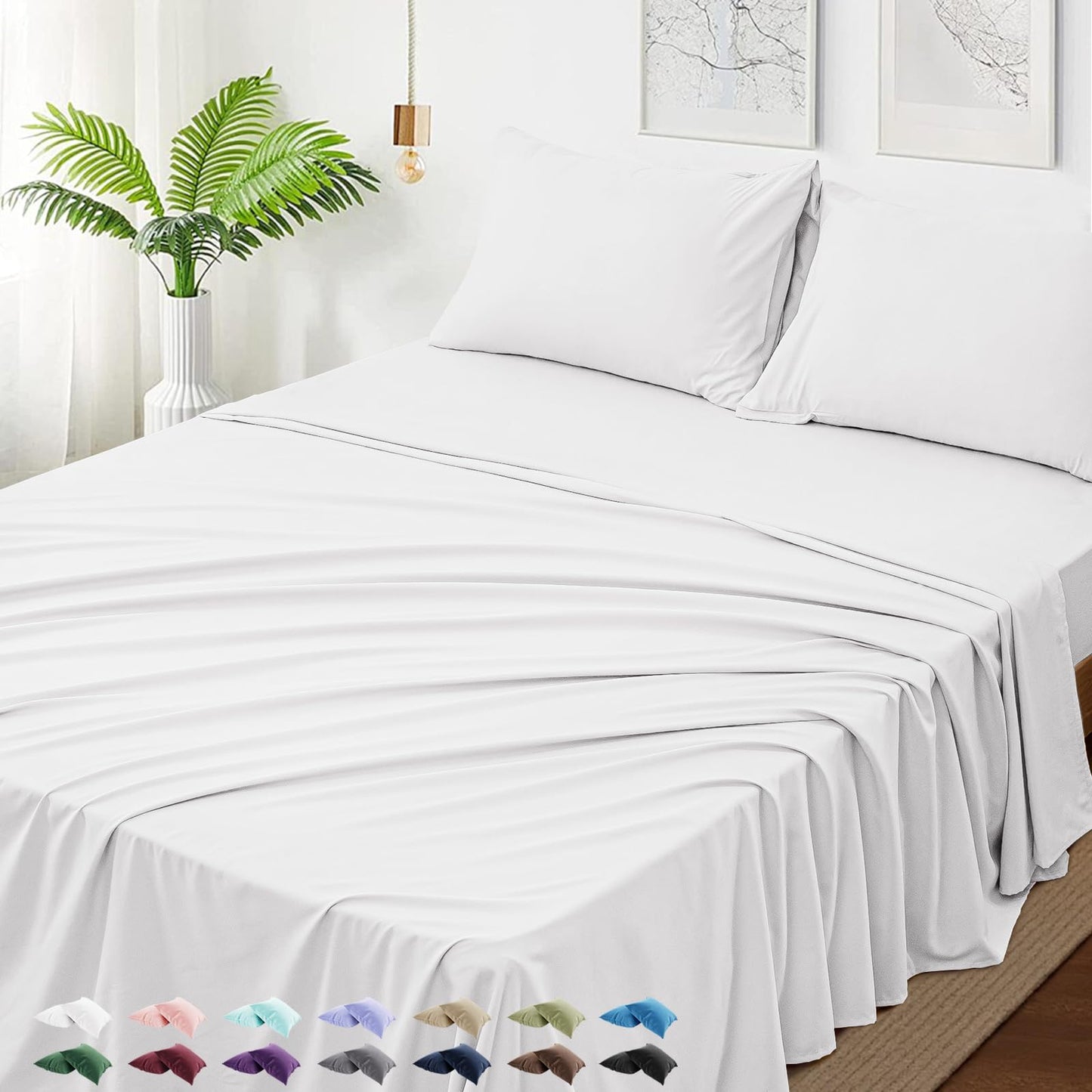 USXIBEI Queen Size 4 Piece Sheet Set - Hotel Luxury Bedding for Queen Size Bed - Soft and Breathable Bed Sheets Set - Deep Pocket Sheets,Wrinkle & Fade Resistant(Queen, White)