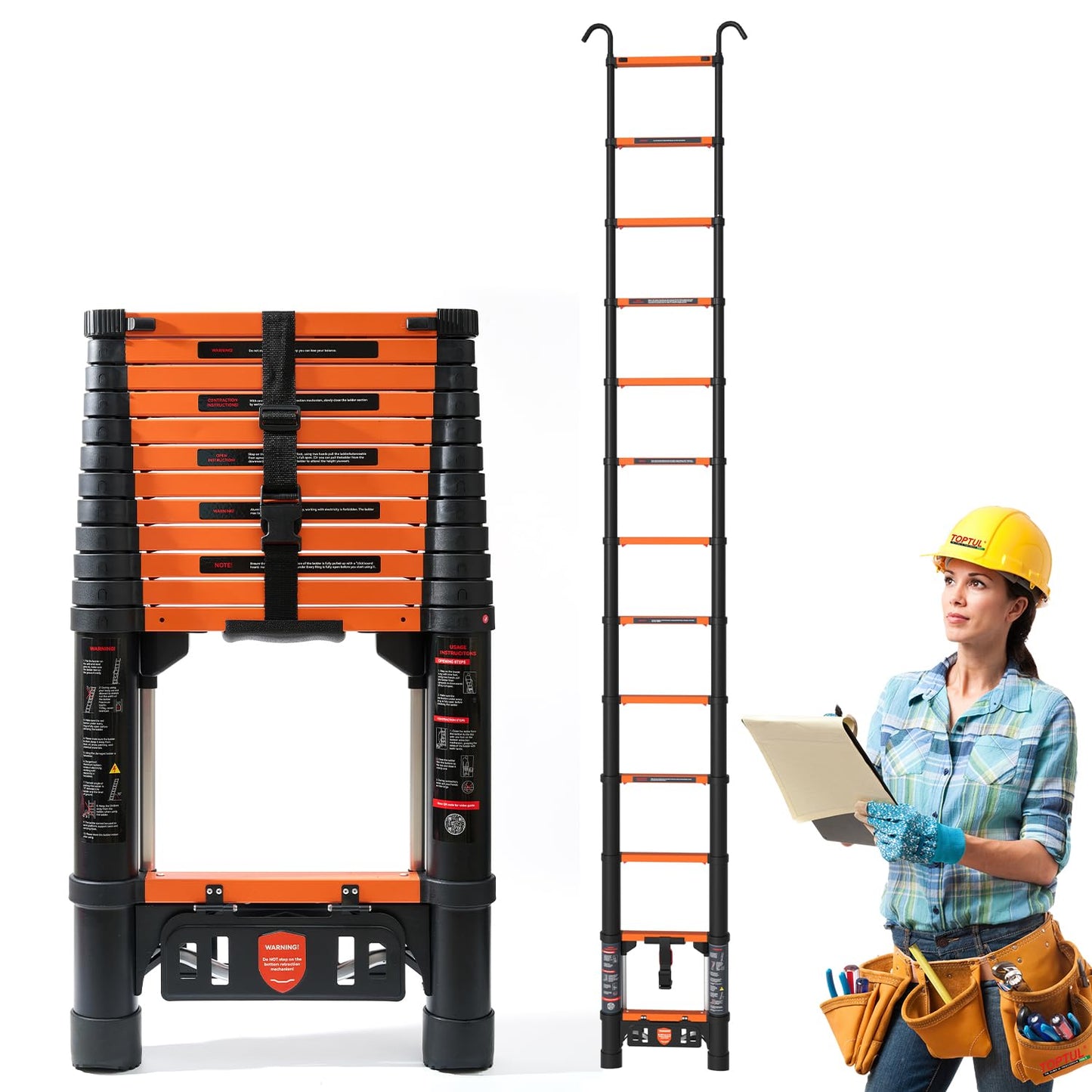 Telescopic Ladder,12.5 FT Extension Ladder，Aluminum Ladder for RV Home Outdoor, 330lbs Max Capacity, One Bottom Retraction Ladder