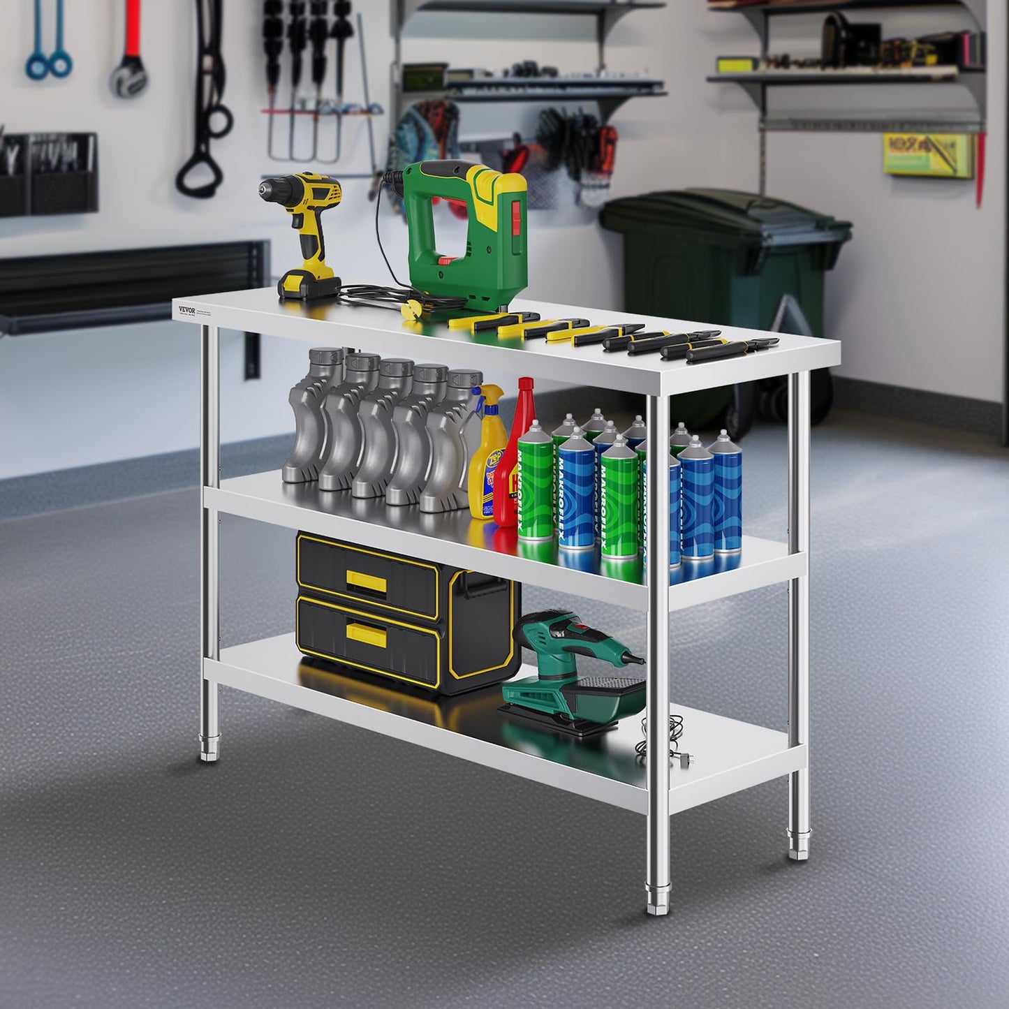 VEVOR Stainless Steel Food Prep Table, 18 x 48 x 34 Inch Commercial Kitchen Worktable, with 2 Adjustable Undershelf, Heavy Duty Prep Tables Metal Work Table for BBQ, Kitchen, Home, and Garage