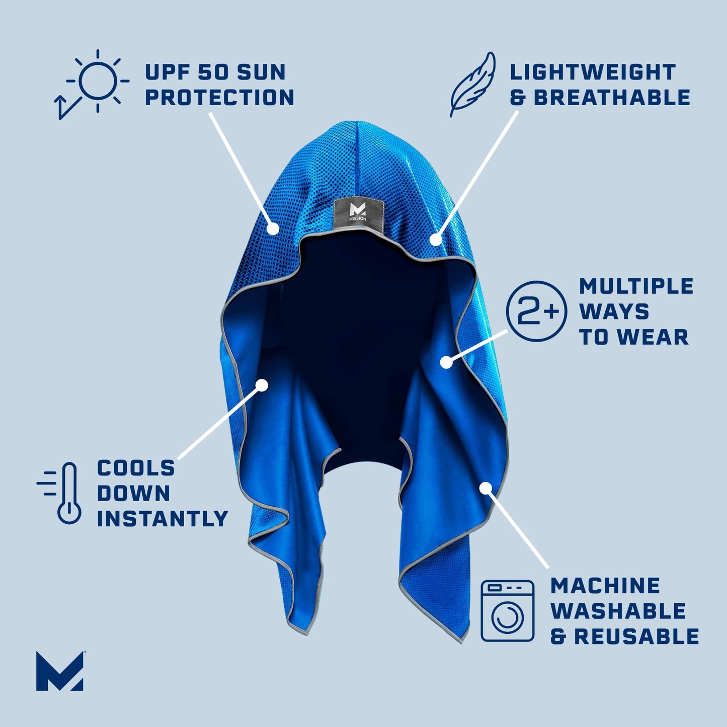 MISSION Cooling Hoodie Towel- Sport Hood Towel, Cools when Wet, UPF 50, Contours Your Head to Stay in Place- Blue
