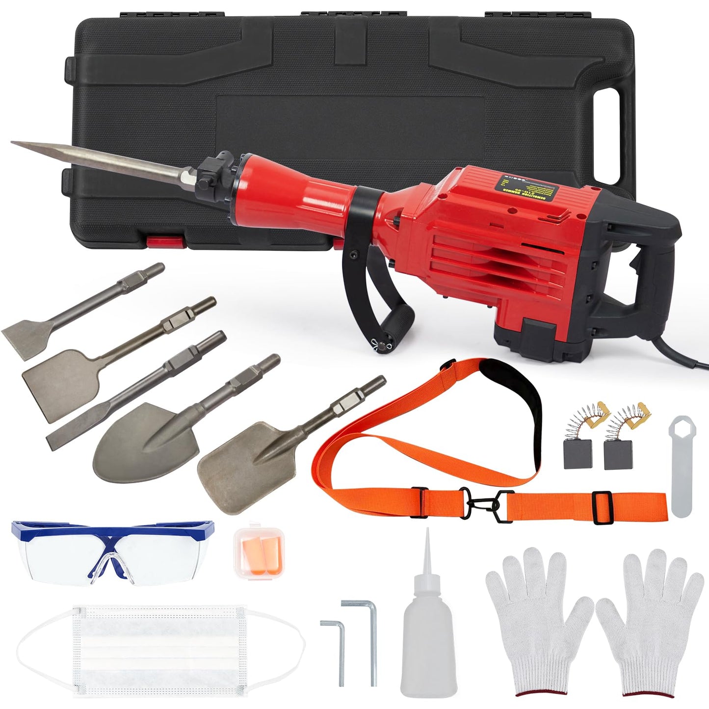 3600W Demolition Jack Hammer Metal Concrete Breaker Jack Hammer Electric Tool Kit, 6pcs Chisels Bit Set W/Case, Noise-Canceling Earplug, Shoulder Strap