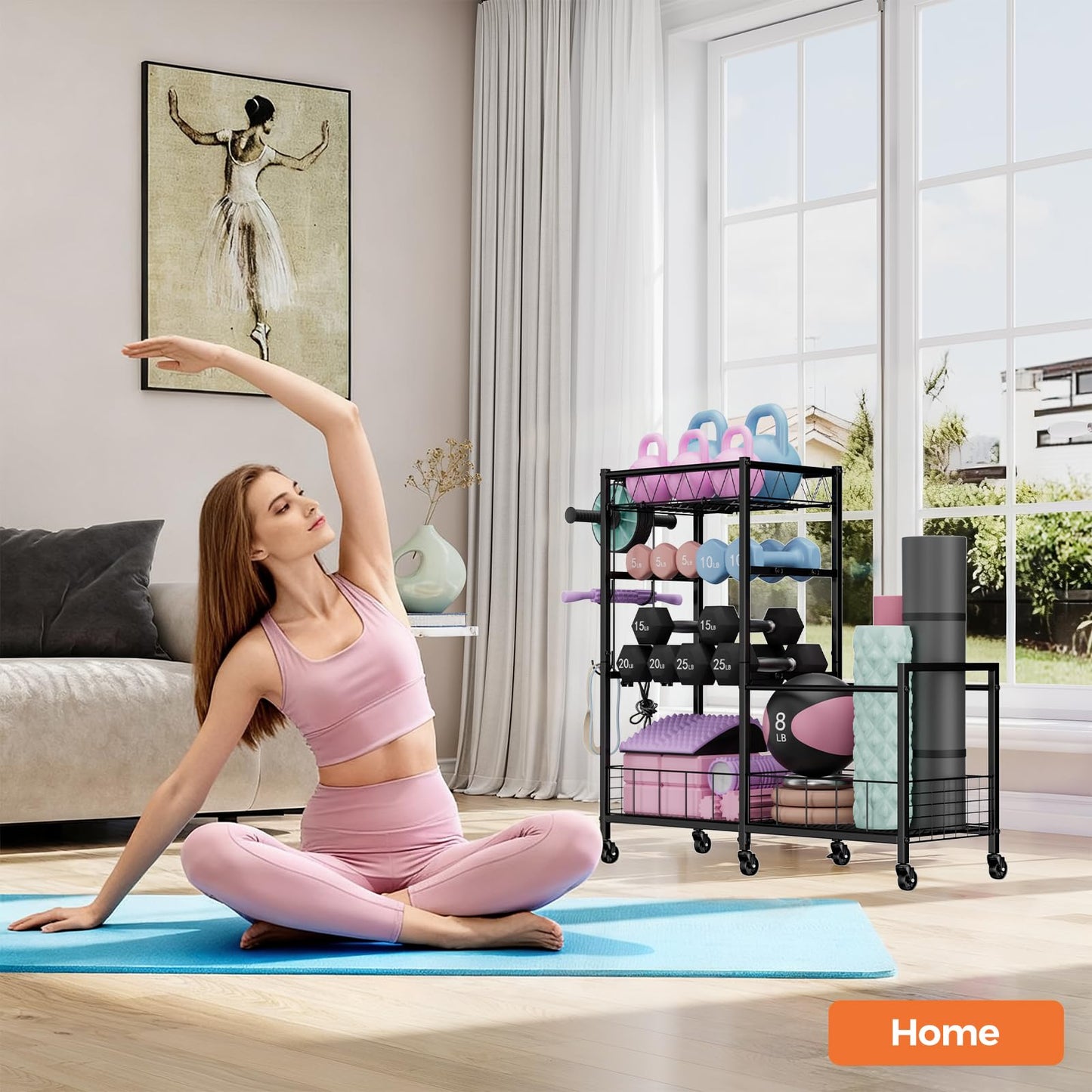 HavenlyYouth 4-Tier Weight Rack Storage for Home Gym, Adjustable Dumbbell Stand Organizer with Wheels, Holds Dumbbells, Kettlebells, Yoga Mats, Fitness Equipment & Workout Accessories