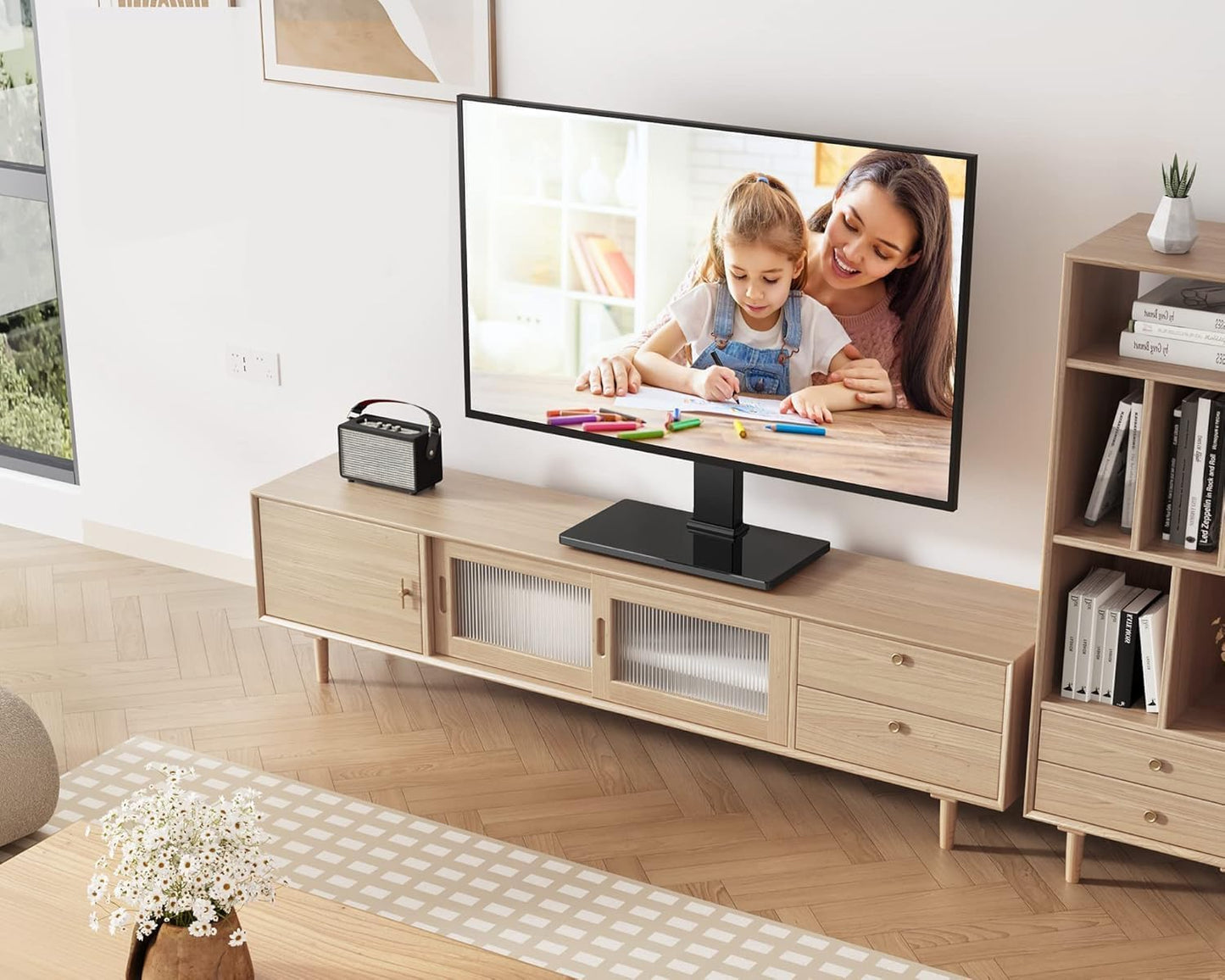 FITUEYES 27-55 inch Universal TV Mount Stand Table Top TV Stand for TVS Height Adjustable TV Stand Mount, Glass Base