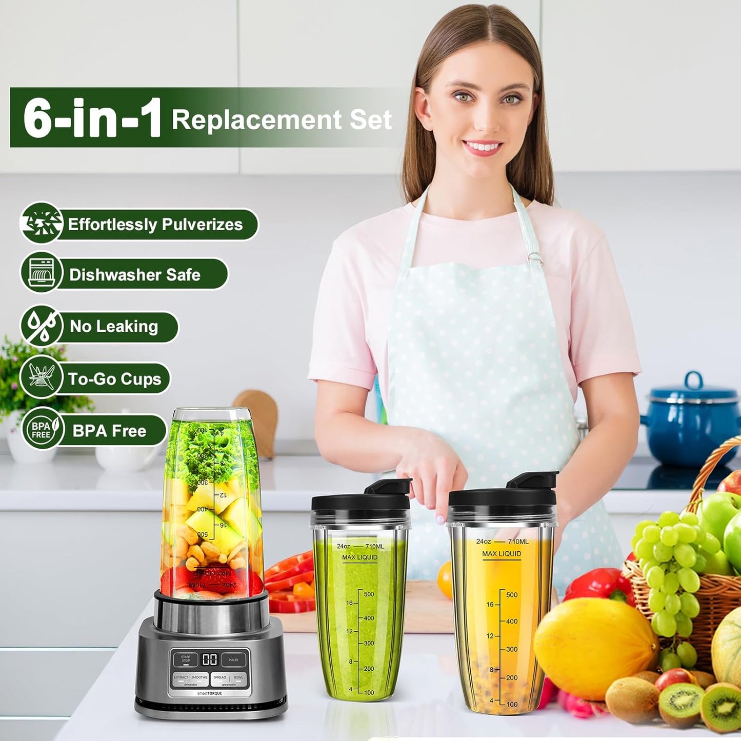 Ninja Blender Cups - 24oz Replacement Cups with To-Go Lids | Compatible with BN401, BL450, BL456 & More (3 Pack)