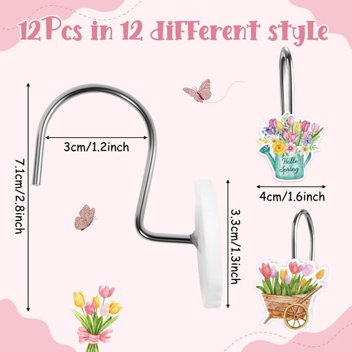 MALLMALL6 12Pcs Spring Tulip Flower Shower Curtain Hooks Floral Metal Rustproof Decorative Pendants for Bathroom Bedroom Room Home Decor Accessories with Watering Can Truck Stainless Curtain Rings