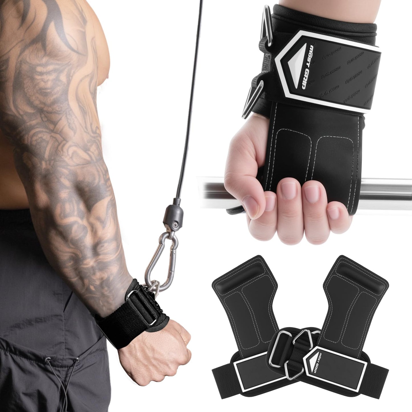 MOST GRIP Non-Slip Gym Wrist Sraps for Weightlifting, Double Rubber Weight Lifting Straps with D Rings for Cable Machine Workout, Wrist Wraps with Cushion Wrist Loop for Men Women Deadlift