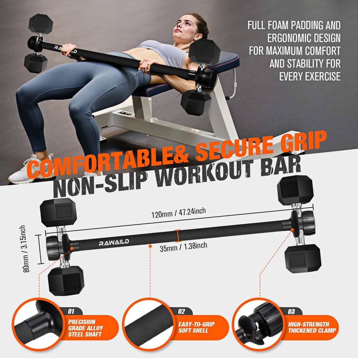Dumbbell to Barbell Converter Bar - Adjustable Weight Bar for Home Gym, Converts Dumbbells to Barbell Set, 300lbs Capacity, Anti-Slip Foam Grip, Compatible with Standard Dumbbells