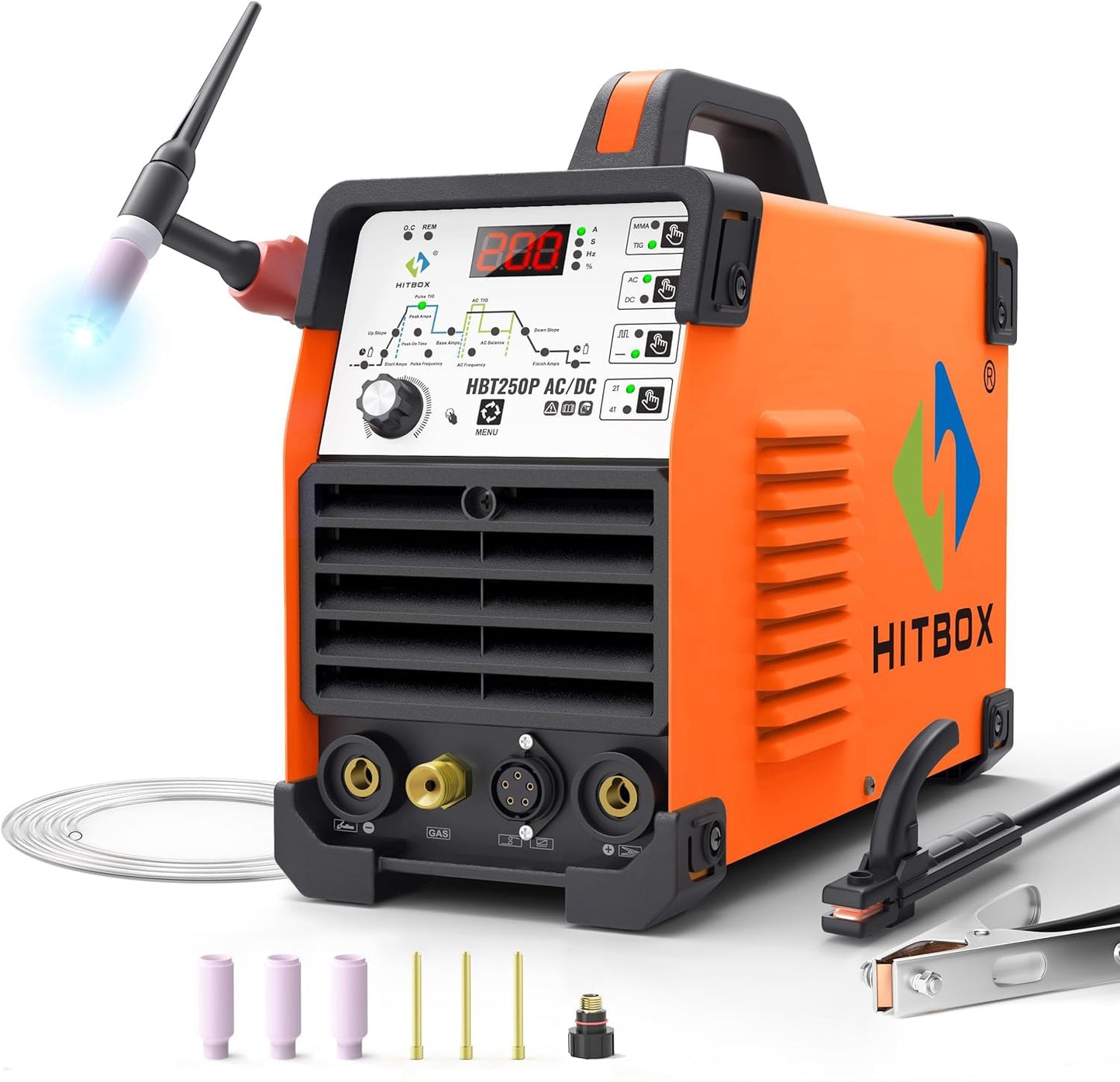 HITBOX 200A AC/DC TIG Welder 6-in-1 with Pulse & Square Wave, HF Start Aluminum TIG, MMA/Stick Welding, 220V IGBT Inverter, Dual Cooling Fan, Digital Display, Foot Pedal Compatible (HBT250P)