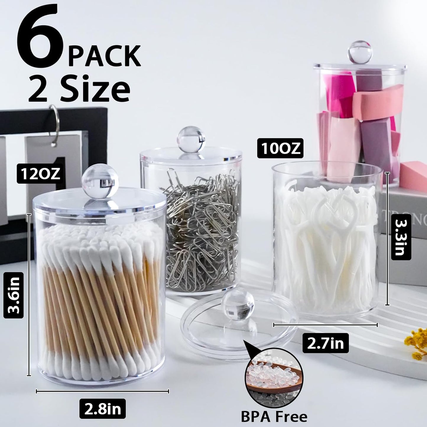 XIPENGKEJI Qtip Holder Set - 6 Pack Apothecary Jars with Lids for Bathroom Organization | Clear 10oz-12oz