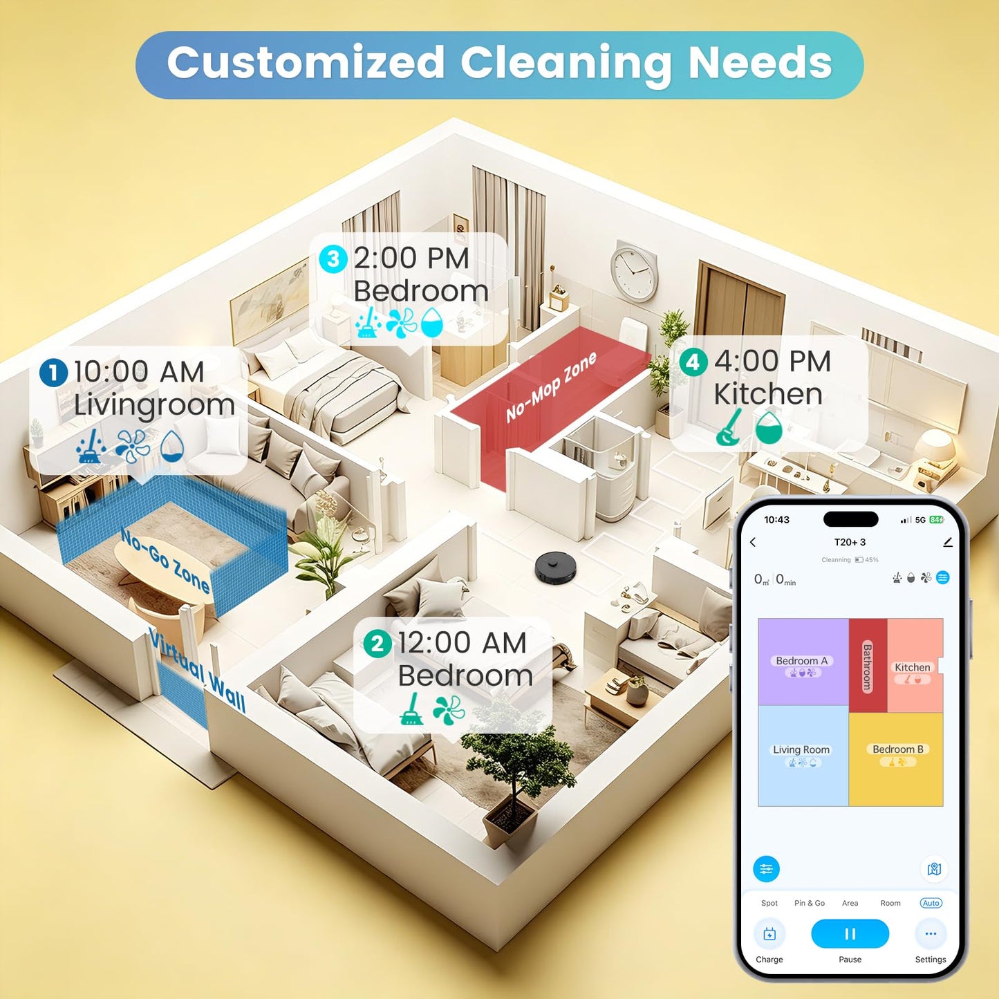 T20+ Self Emptying Robot Vacuum and Mop Combo, 6,000Pa Suction Robotic Vacuums, 75-Day Capacity, Home Mapping, APP & Voice & Remote, 180-Min Runtime, Robot Vacuum Cleaner for Pet Hair, Hard Floor