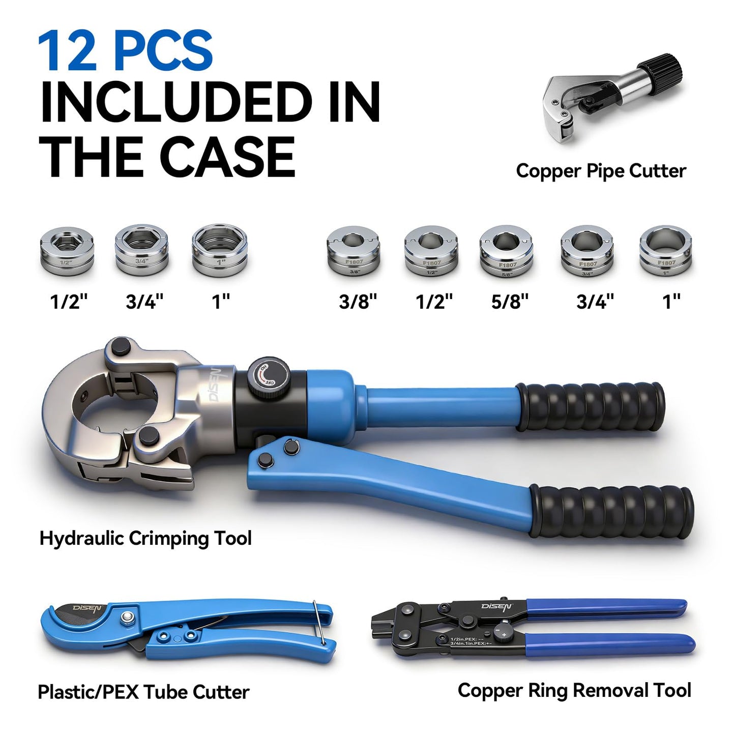 DISEN Hydraulic Copper Pipe Tube Fittings Crimping Tool with Copper Cutter, PEX Tubing Cutter and Copper Ring Removal Tool, Hydraulic Driven Press Tool with 8 Dies for Copper Pipe or PEX Pipe Crimp