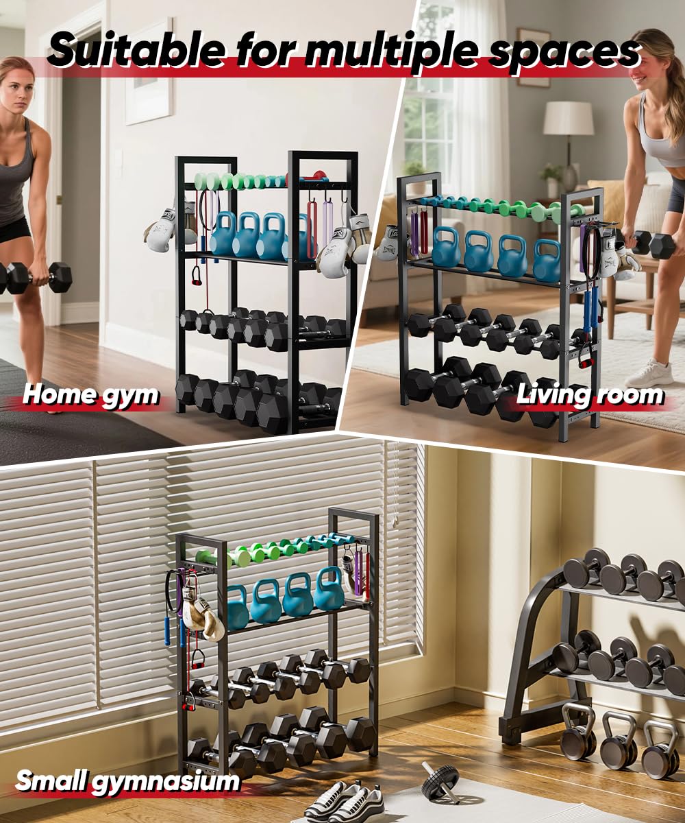 Ansionsol Adjustable Dumbbell Rack, Weight Storage Stand Holder for Dumbbells & Kettlebells, Heavy-Duty Metal Home Gym Workout Organizer with Hook for Gym Equipment Accessories (Rack Only)