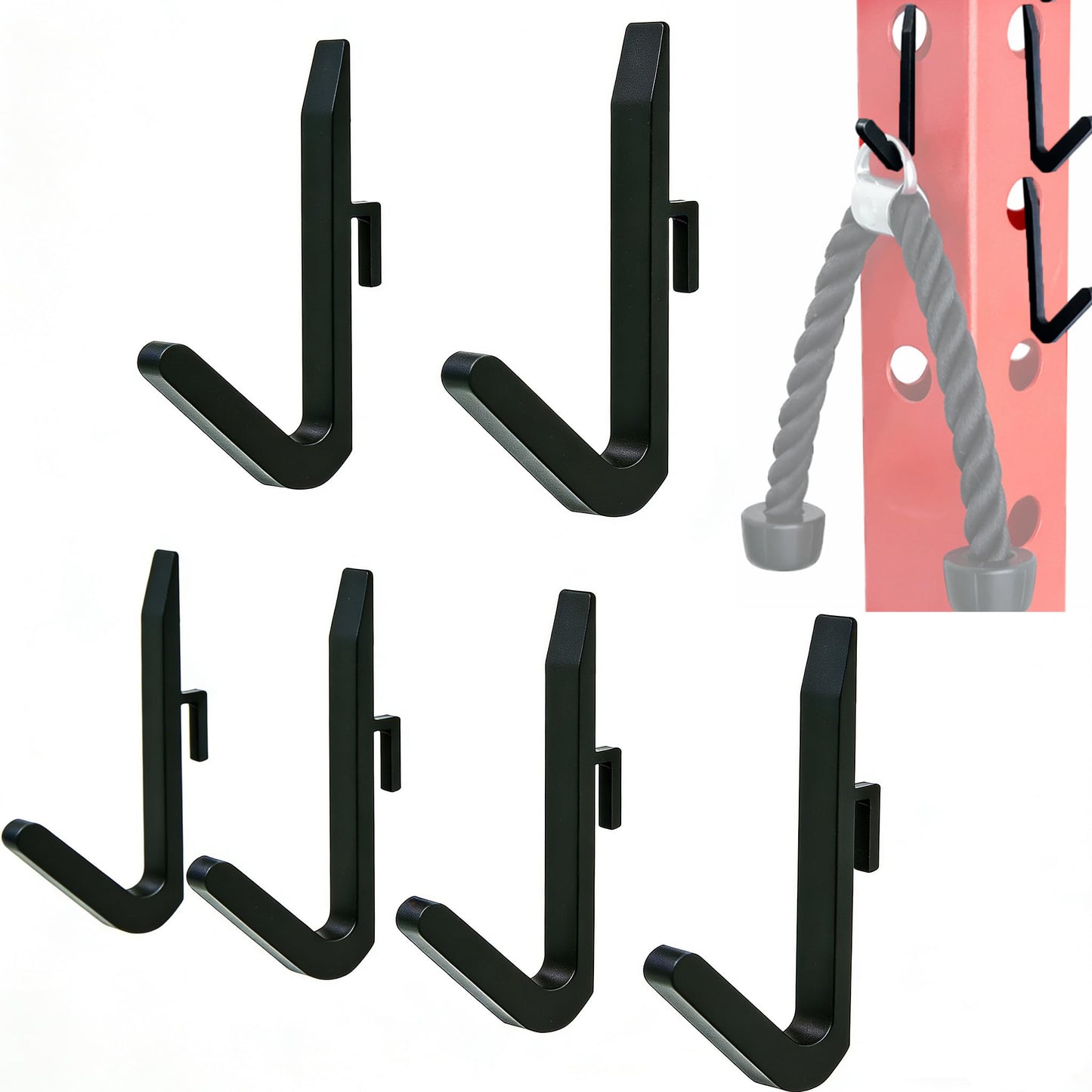 J Bryant J Hooks for Power Rack 6 Pack, Squat Rack Storage Hooks with Multi-Use Hanging Design, Gym Rack Attachments for Bands, Cable Handles, Belts, Chains & Accessories