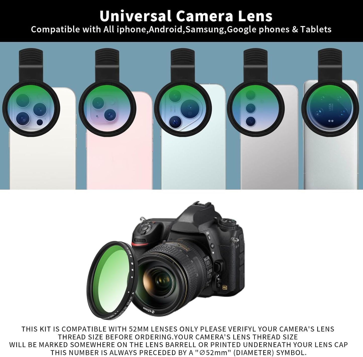 Beysfilter 52MM ND2-32 16/15/14/13 Variable Filter for Phone, Multi-Coating Clip-On Variable Neutral Density Lens Kit