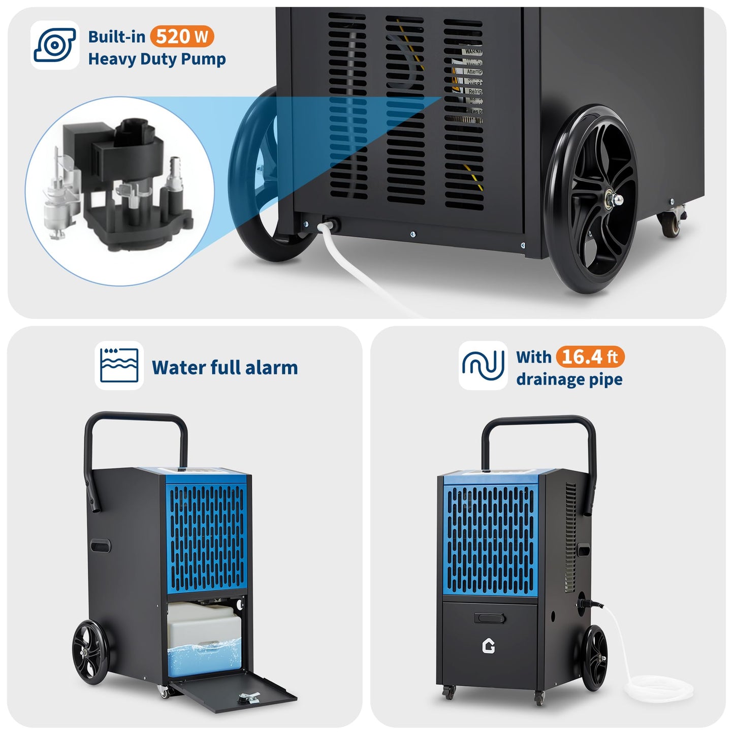 Garvee 105 pt Commercial Dehumidifier with Pump and Drain Hose Portable Industrial Heavy Duty Removal Dehumidifiers for Basements with Auto Drain,Powerful Humidity Control for Large Spaces