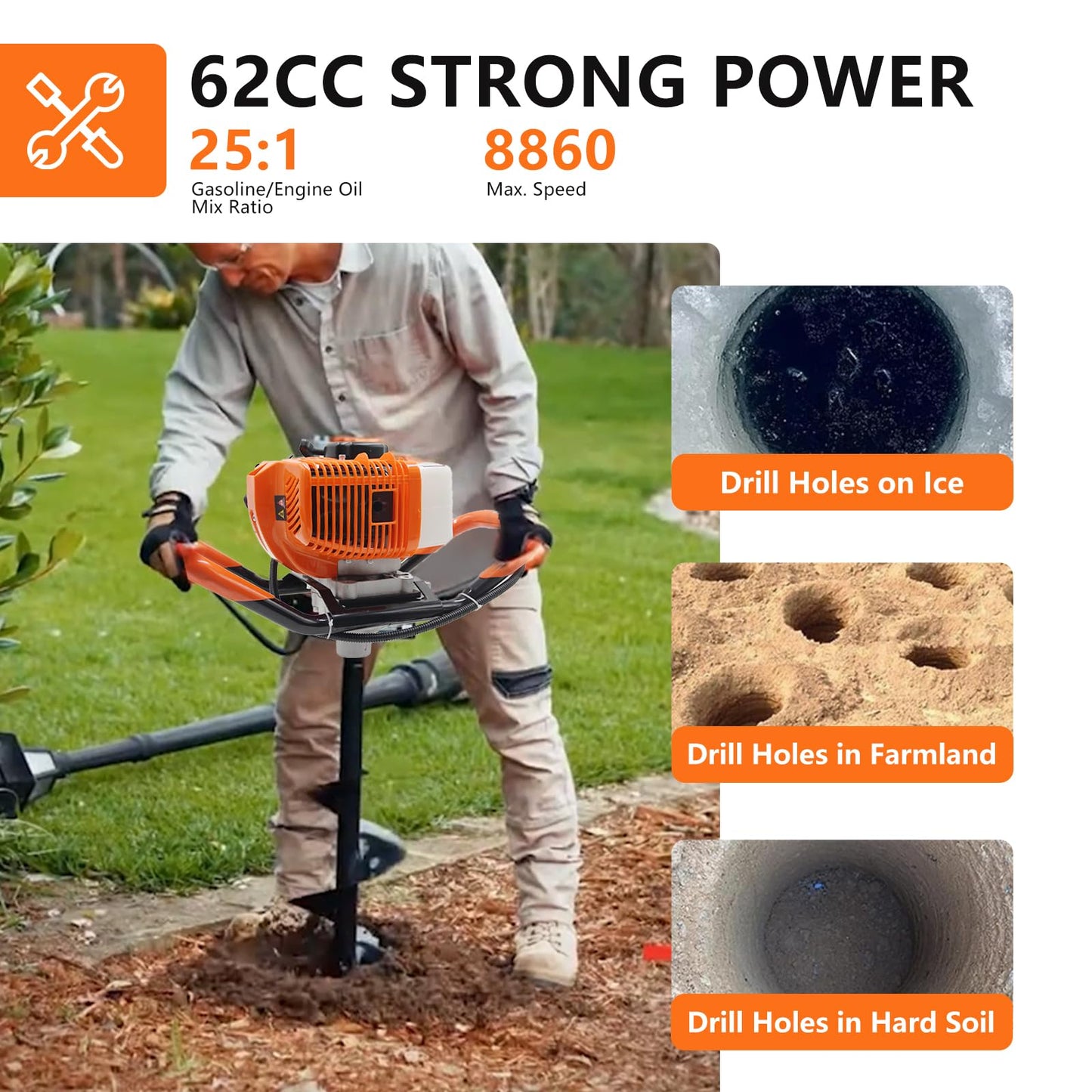 72CC Auger Post Hole Digger, 2 Stroke Gas Powered Earth Post Hole Digger with 3 Auger Drill Bits(4" & 6" & 12") + 2 Extension Rods for Farm Garden Plant, Orange (72cc+3 Auger(4"6"12")+2 Ext)