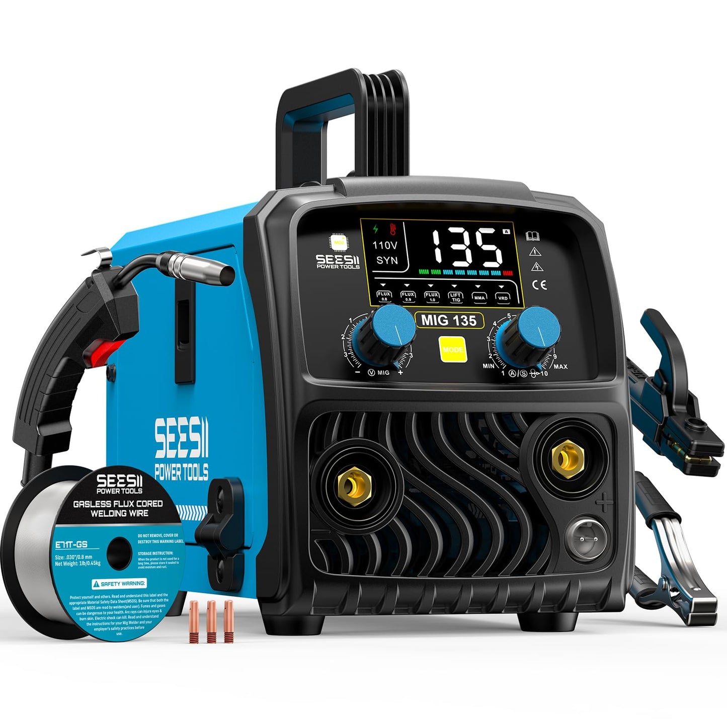 SEESII 135A MIG Welder 110V - 3-in-1 Gasless Flux Core/Lift TIG/Stick Welding Machine, 7.7lbs Portable IGBT Inverter, Large Digital Display Multi Process Welder