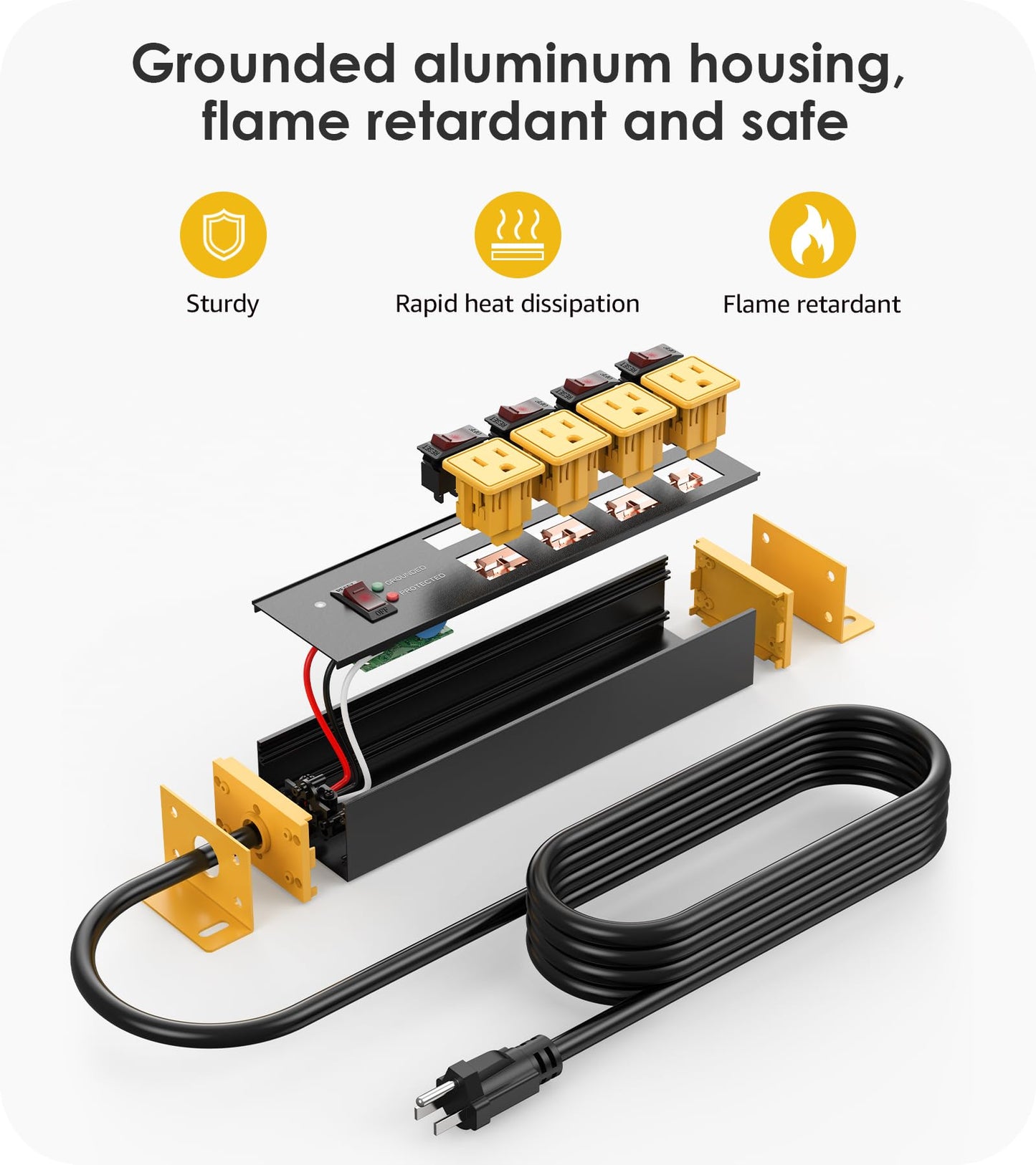CCCEI 12 Gauge Outdoor Long Extension Cord with Multiple Outlets, 20 Amp Individual Switches Heavy Duty Surge Protector Power Strip, Garage Wall Mount Outlet Extender. 100 FT, Yellow.
