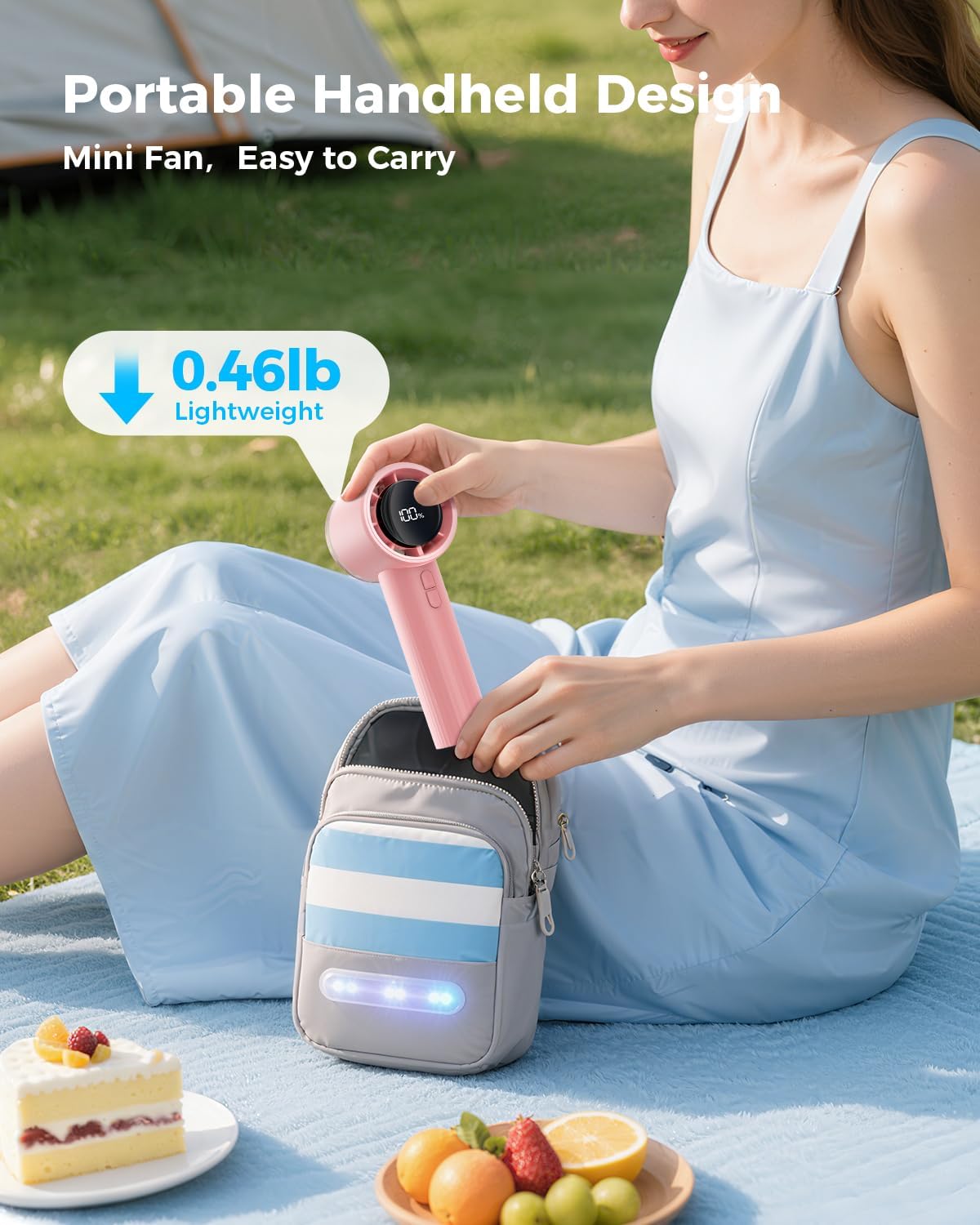 Sweetfull Portable Handheld Fan - Rechargeable Mini Turbo Fan with Flashlight & Digital Display | Pink