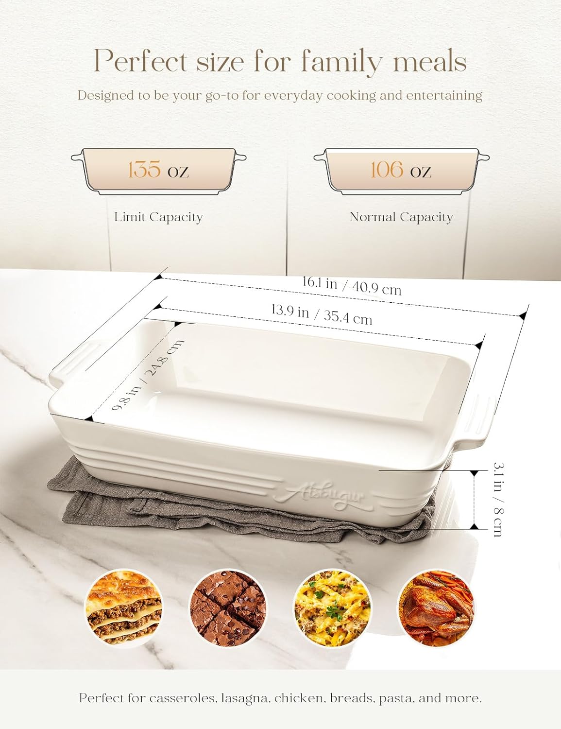 Regine Switzerland Casserole Dish - 9x13 Ceramic Baking Pan with Handles | 4.2 Quarts, Durable & Stylish