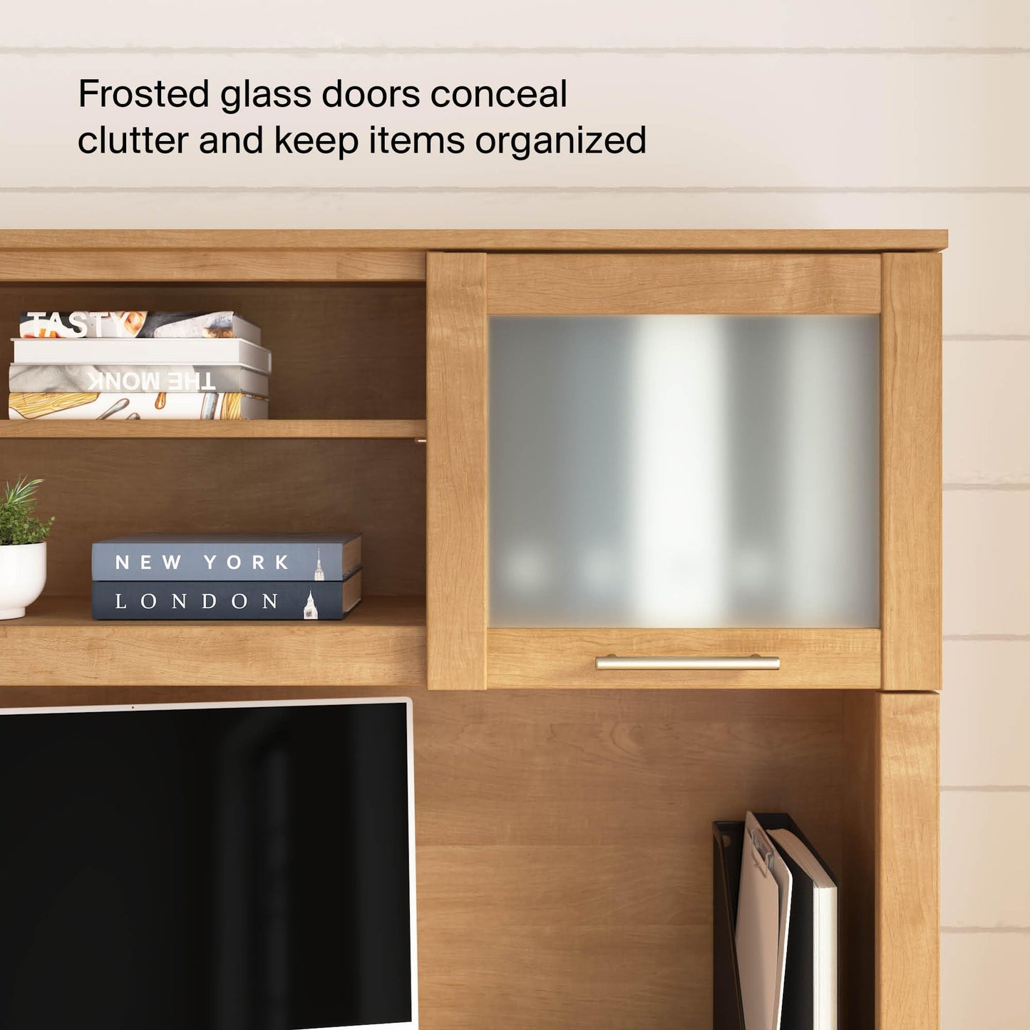 Bush Home 60-Inch Desk Hutch, Office Storage Organizer with Shelves, Cubbies and Frosted Glass Doors for Computer Desk, Home Office Furniture, Somerset Collection, Maple Cross
