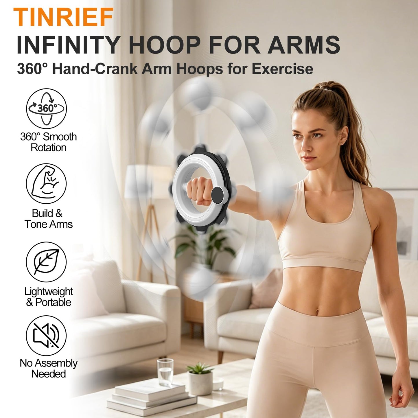 Infinity Hoop for Arms 360° Hand-Crank Arm Hoops for Exercise,Forearm, Chest, Shoulder and Arm Muscle Training Fitness Equipment, Flabby Arm Exerciser for Home & Gym Workouts for Men and Women,White