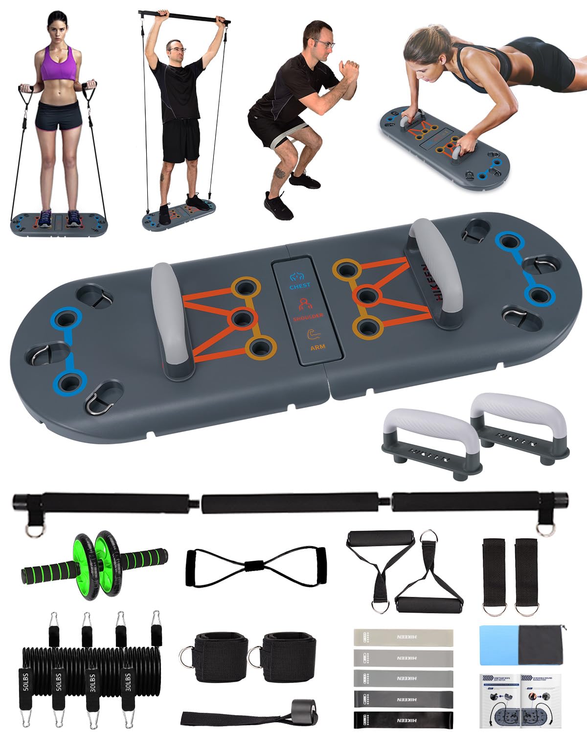 Hikeen Home Workout Equipment to Help Achieve Fitness Goals, 27-in-1 Portable Gym Exercise Equipment with Compact Push-Up Board, Resistance Bands, Ab Roller Wheel, and Pilates Bar, Master Your Workout