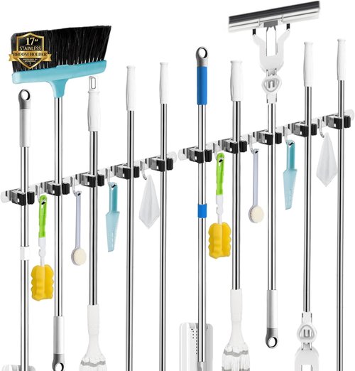 AceMining Wall-Mounted Broom and Mop Holder - 3 Pack with 5 Racks & 4 Heavy-Duty Hooks | Stainless Steel