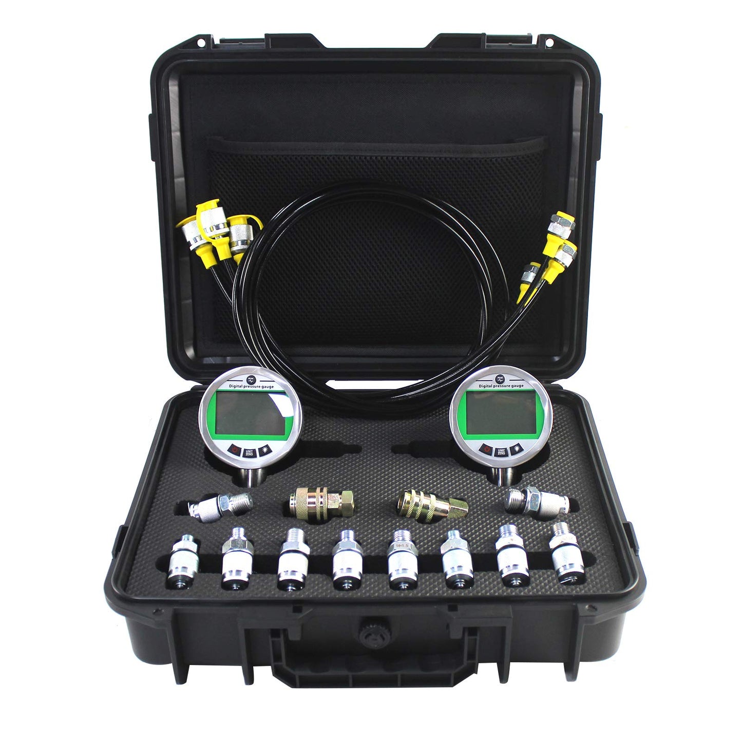 SINOCMP Digital Pressure Gauge Kit with 2 80MPA/12000PSI Pressure Gauges 3 Test Hoses and 12 Couplings Hydraulic Gas Water Pressure Test Kit with Backlight, 1 Year Warranty