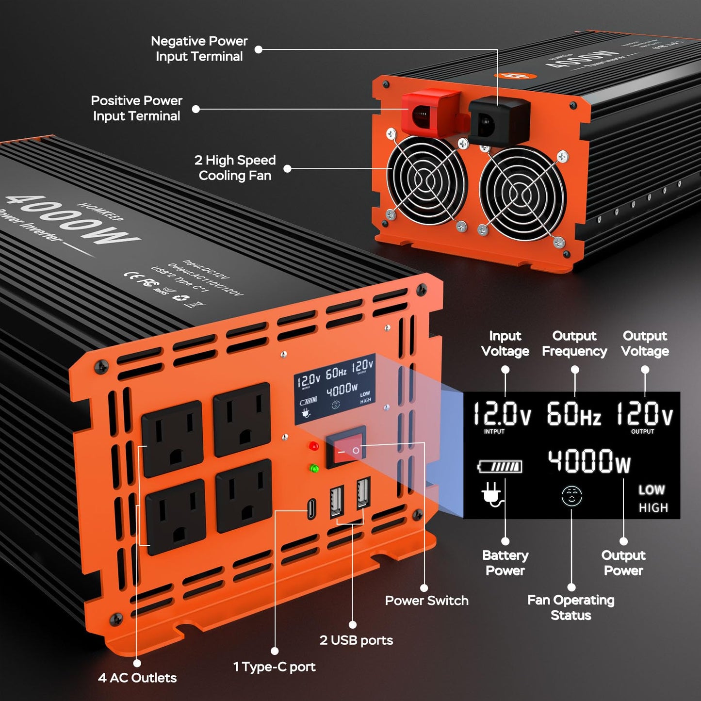 4000 Watt Power Inverter 12V DC to 110V/120V AC Converter Peak Power 8000W Car Inverter with LCD Display 4 AC Outlets, 2 USB & Type-C Port for RV,Truck,Off-Grid Solar System with Remote Controller