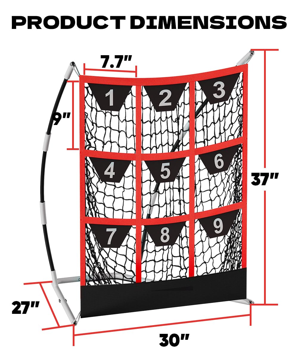 Queension 9 Hole Pitching Target Net with Strike Zone, Baseball Batting Net with Target Pockets, Pitching Net with Ground Stakes and Sandbags for Baseball Training, White