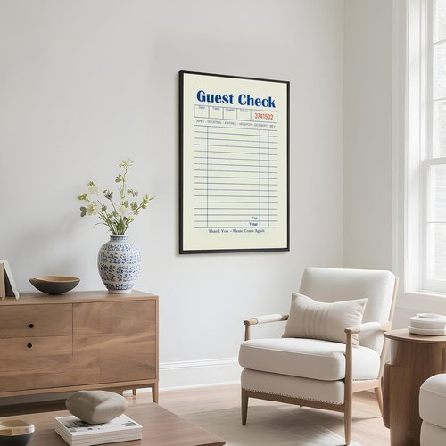 Licpach Canvas Print - Retro Guest Check Wall Art for Dining Room | Funny Blue Receipt Design - 8x12 Inch Black Frame